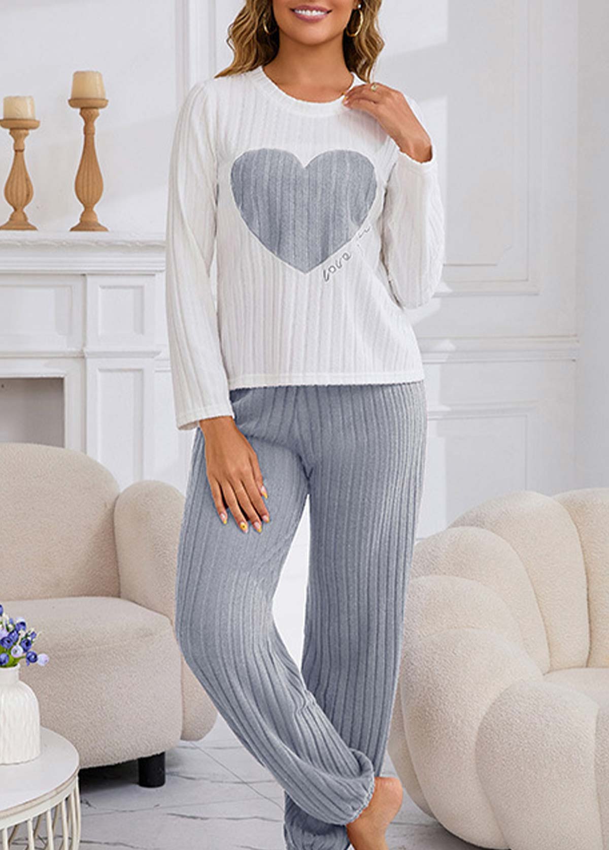 White Heart Print Long Sleeve Lounge Top and Pants | picture 