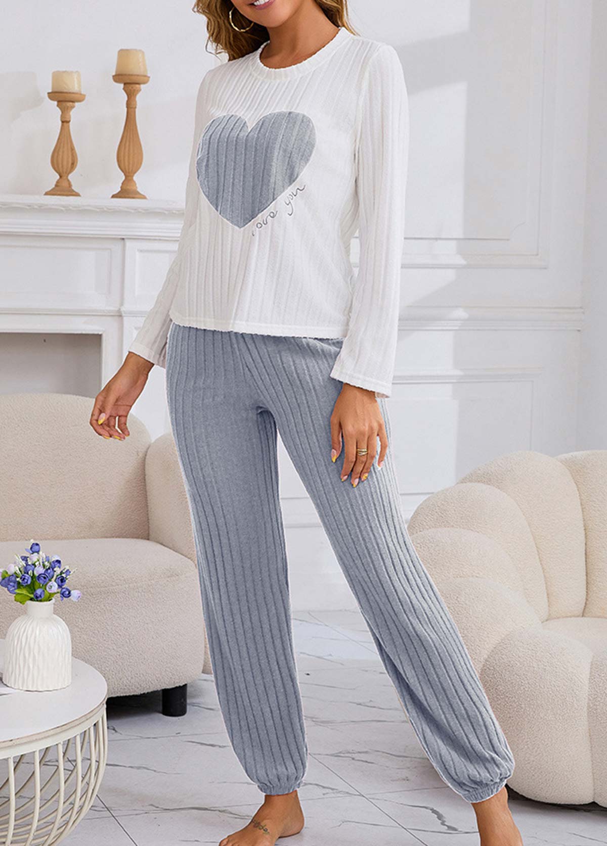 White Heart Print Long Sleeve Lounge Top and Pants | picture 