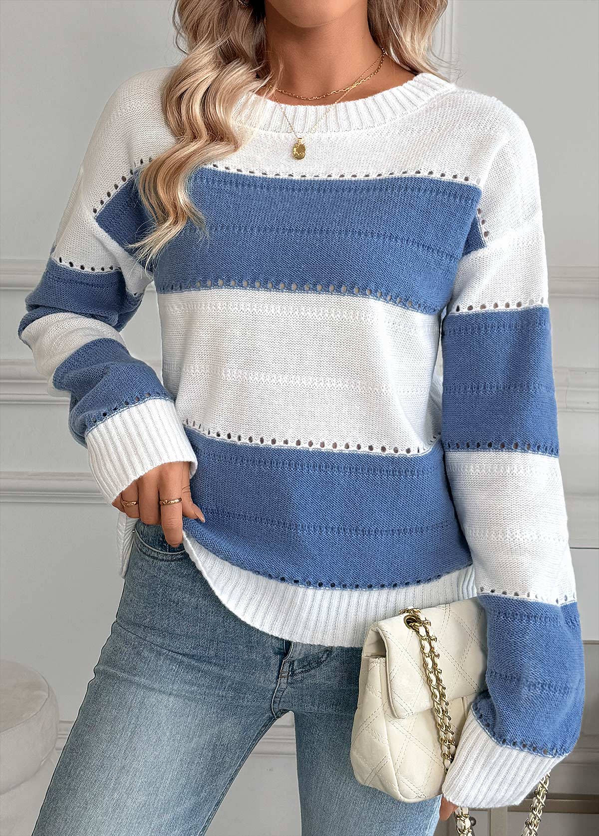 Blue Tummy Coverage Striped Long Sleeve Round Neck Sweater | picture 