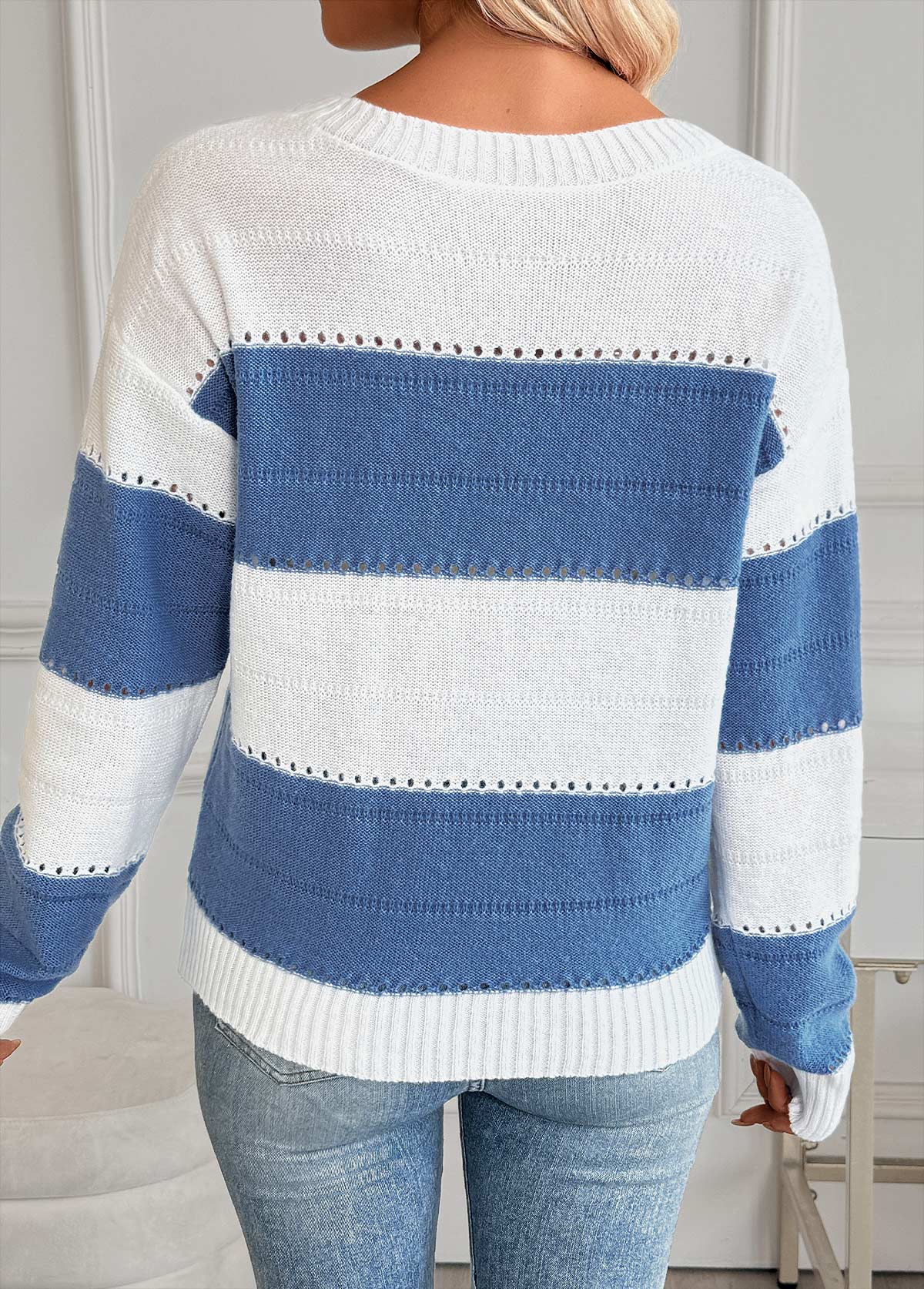 Blue Tummy Coverage Striped Long Sleeve Round Neck Sweater | picture 