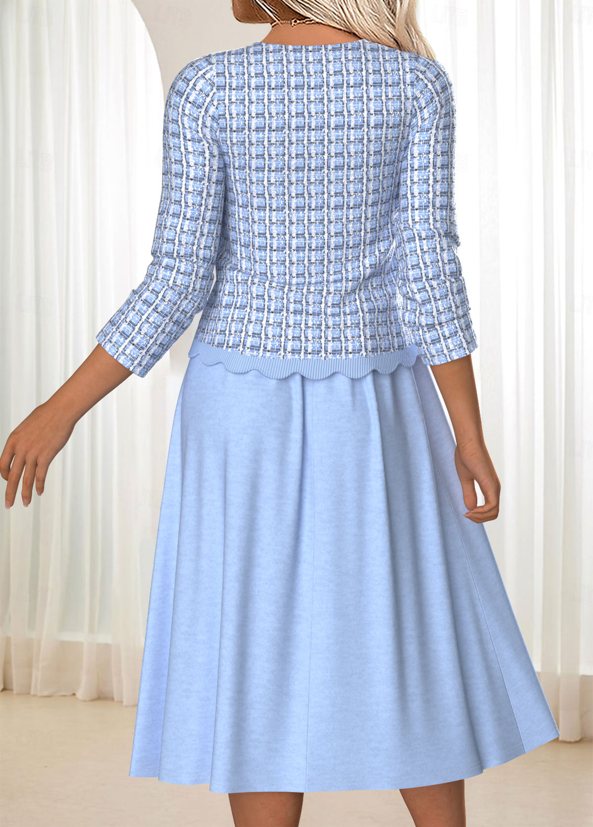 Blue Tummy Coverage Plaid Long Sleeve Dress and Cardigan | picture 