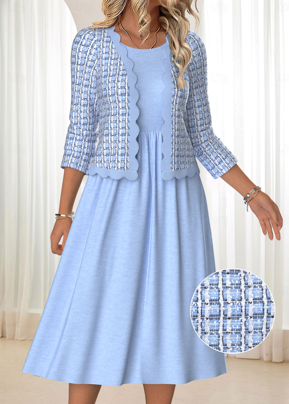 Blue Tummy Coverage Plaid Long Sleeve Dress and Cardigan | picture 