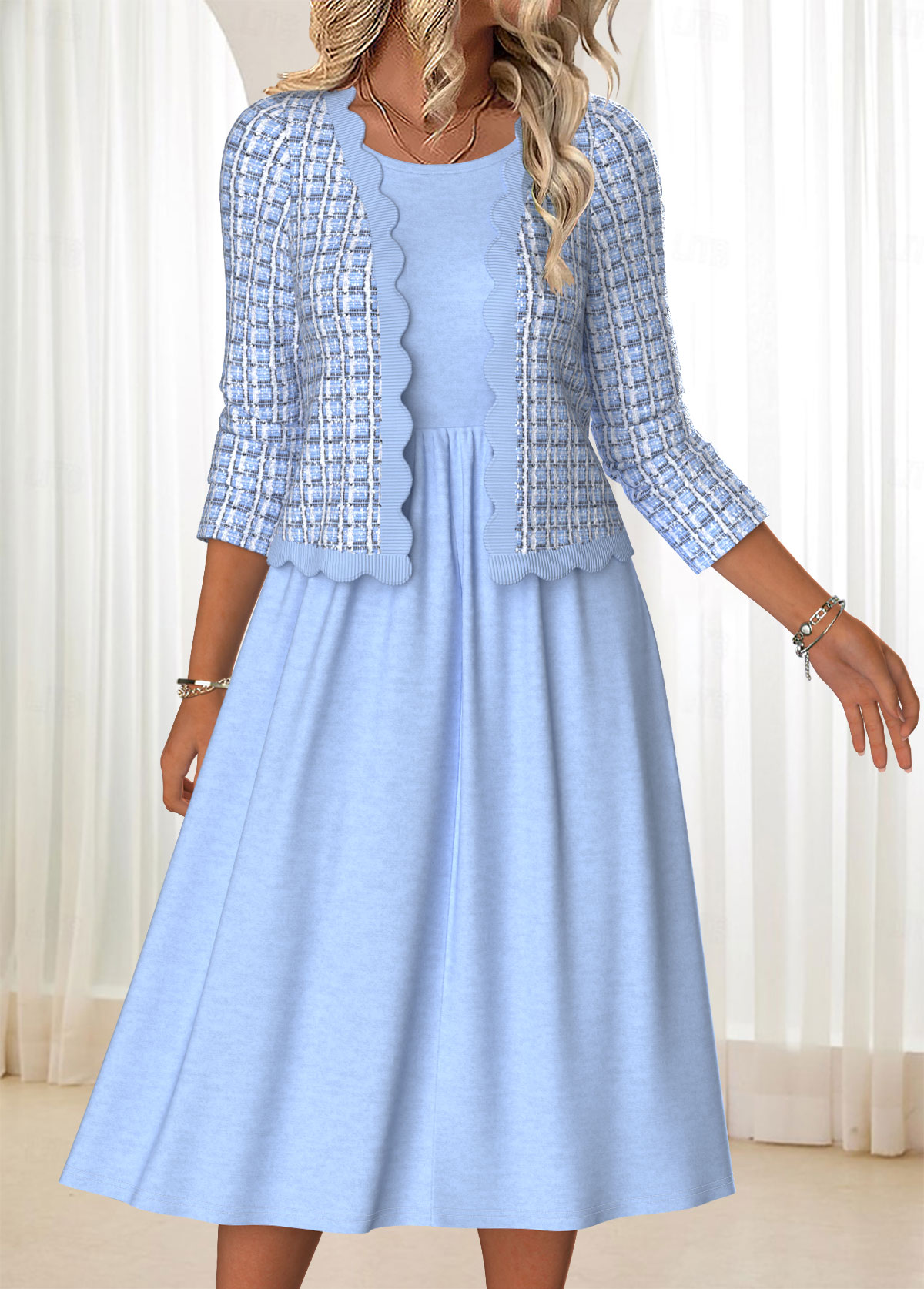 Blue Tummy Coverage Plaid Long Sleeve Dress and Cardigan | picture 