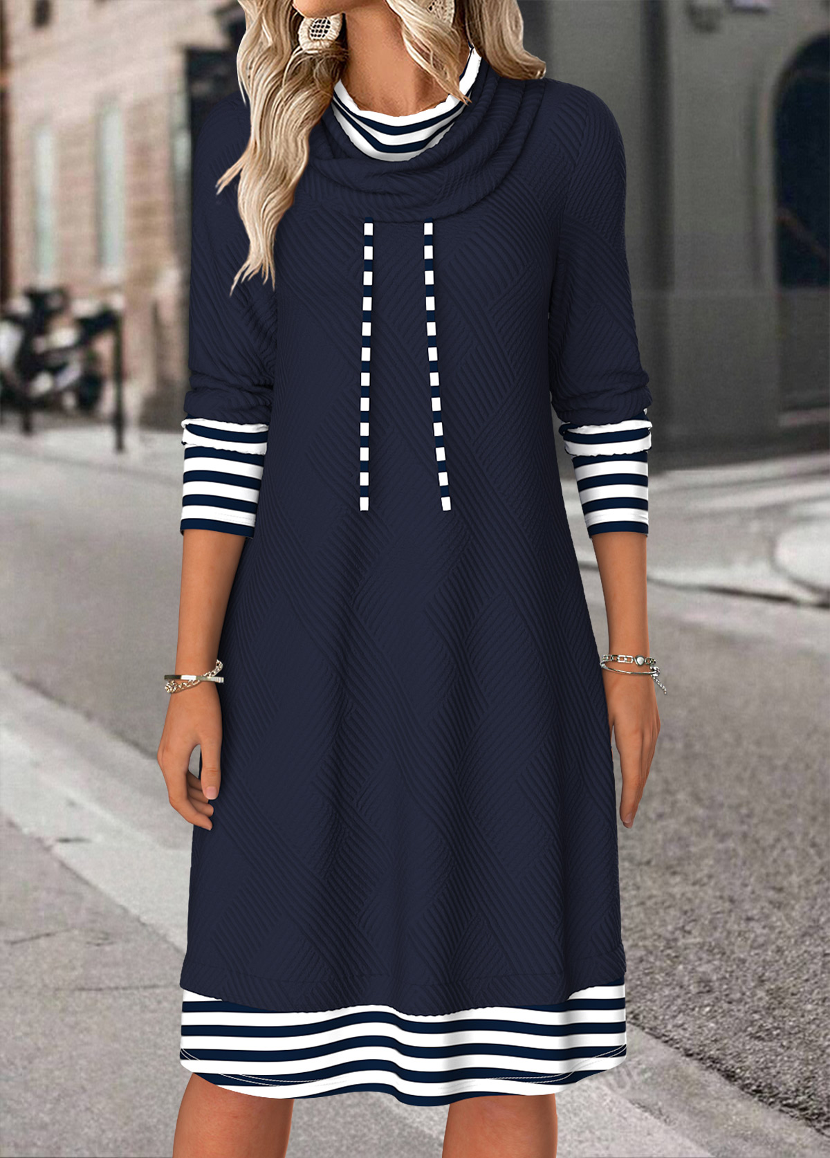 Navy Tummy Coverage Striped Long Sleeve Cowl Neck Dress | picture 