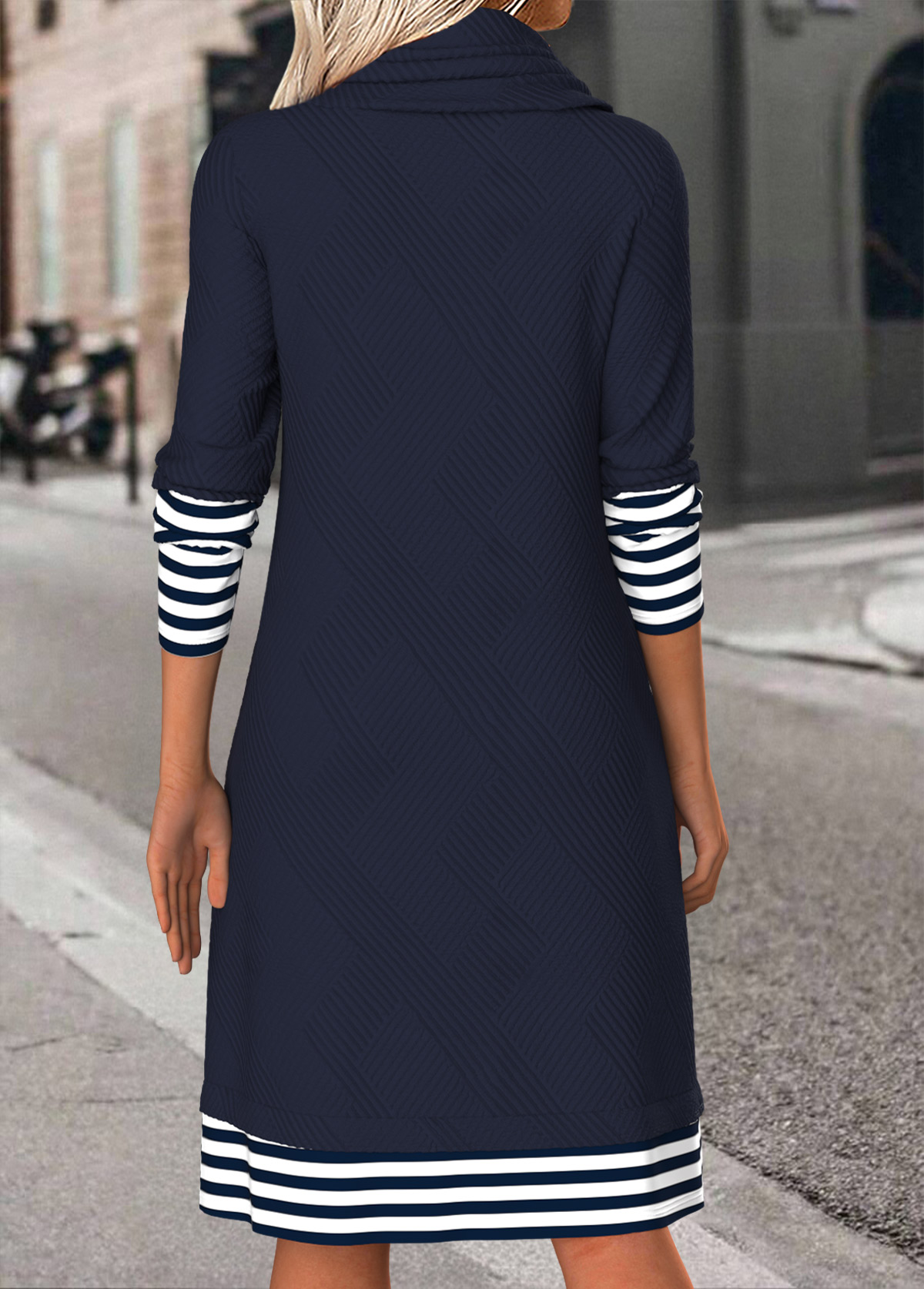 Navy Tummy Coverage Striped Long Sleeve Cowl Neck Dress | picture 