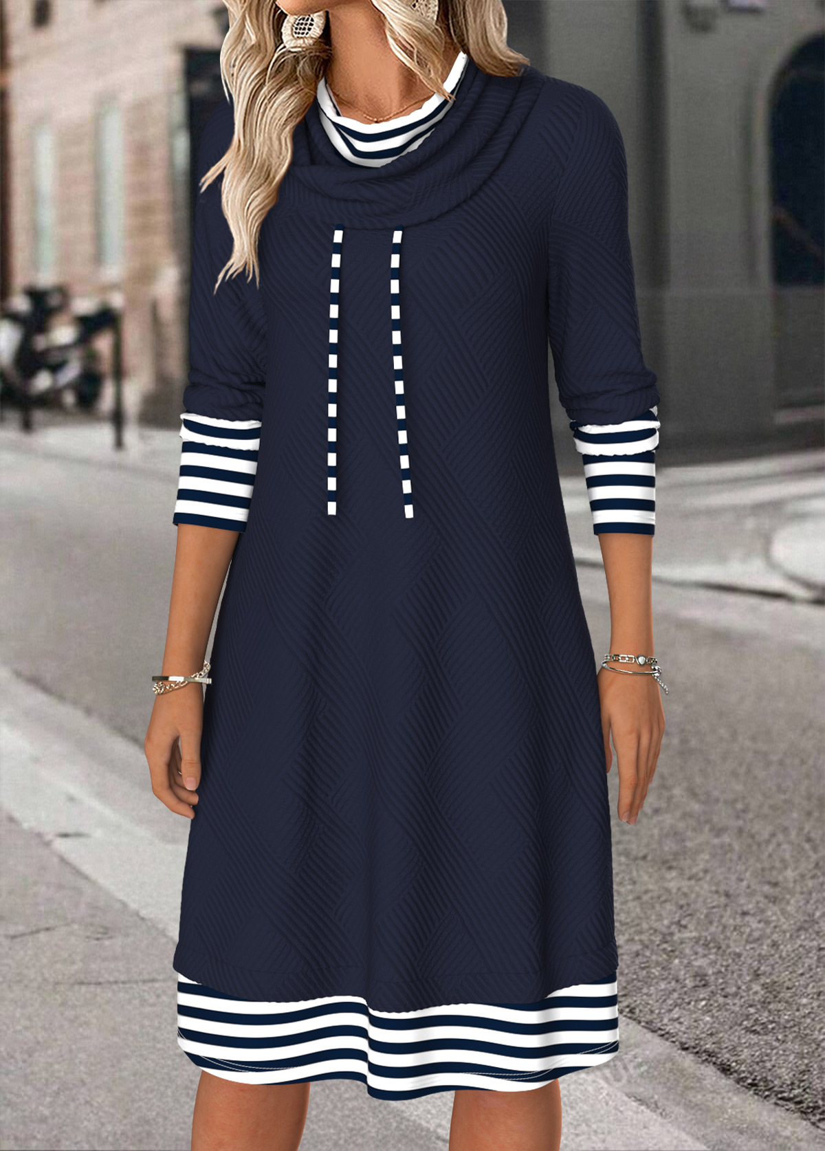 Navy Tummy Coverage Striped Long Sleeve Cowl Neck Dress | picture 