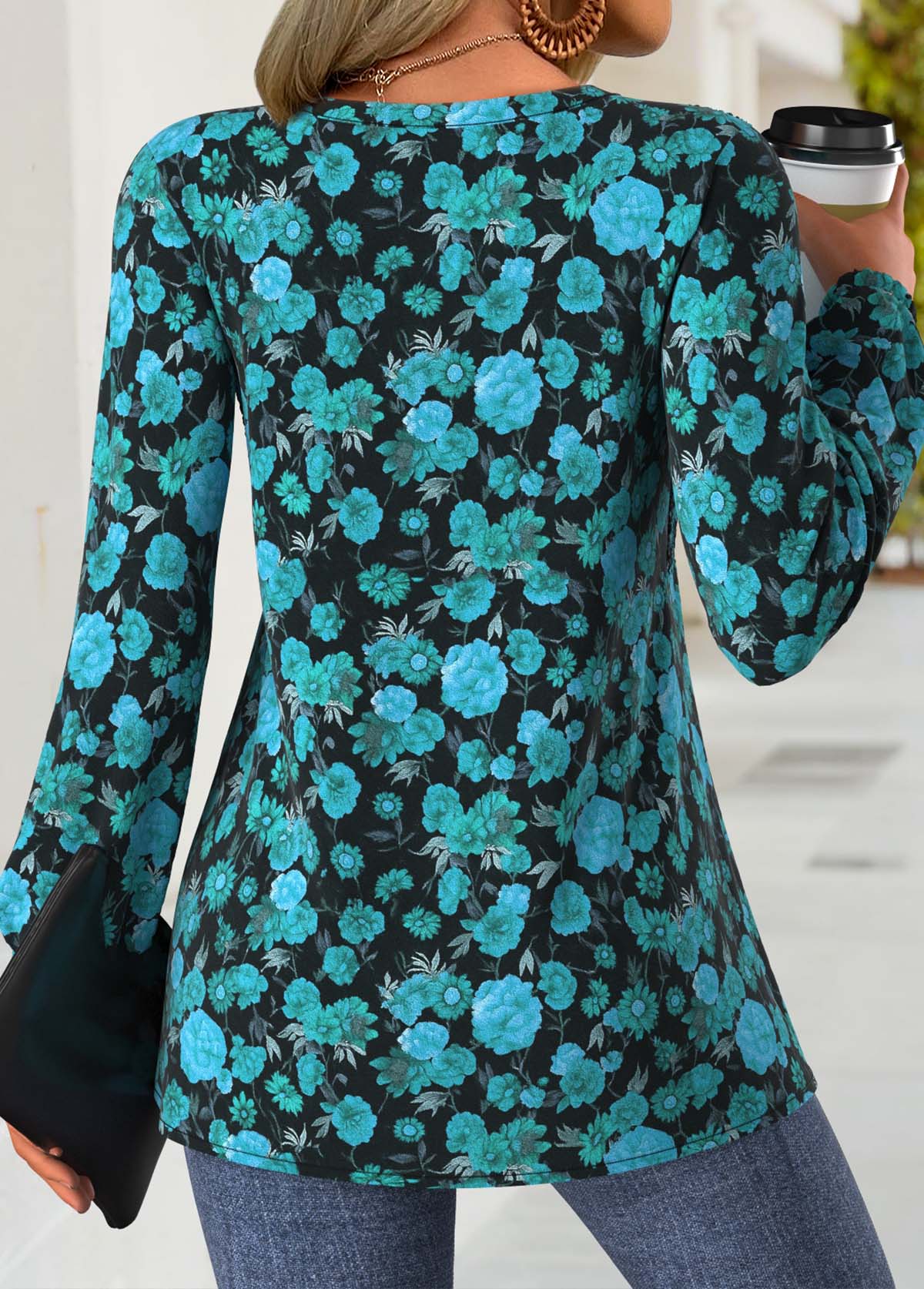 Mint Green Peplum Floral Print Long Sleeve Split Neck Blouse | picture 