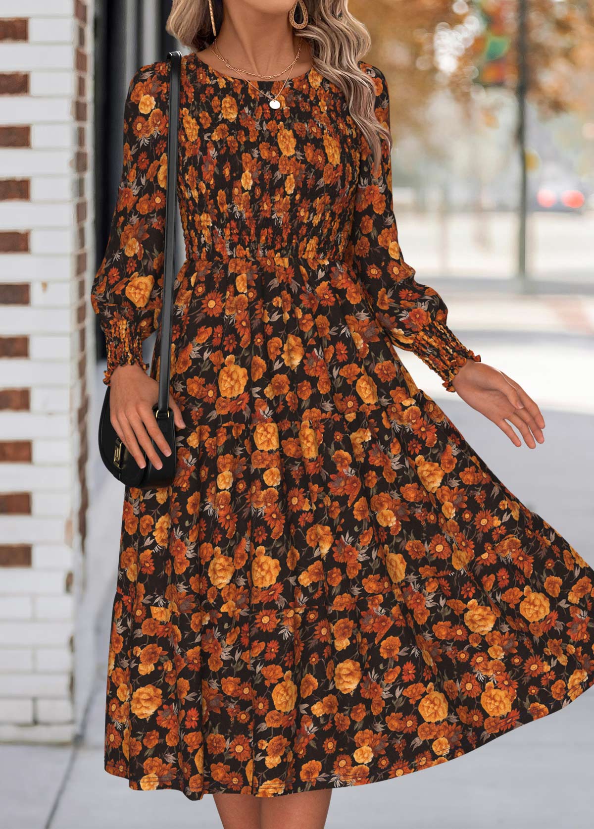 Orange Tummy Coverage Floral Print Long Sleeve Dress | picture 