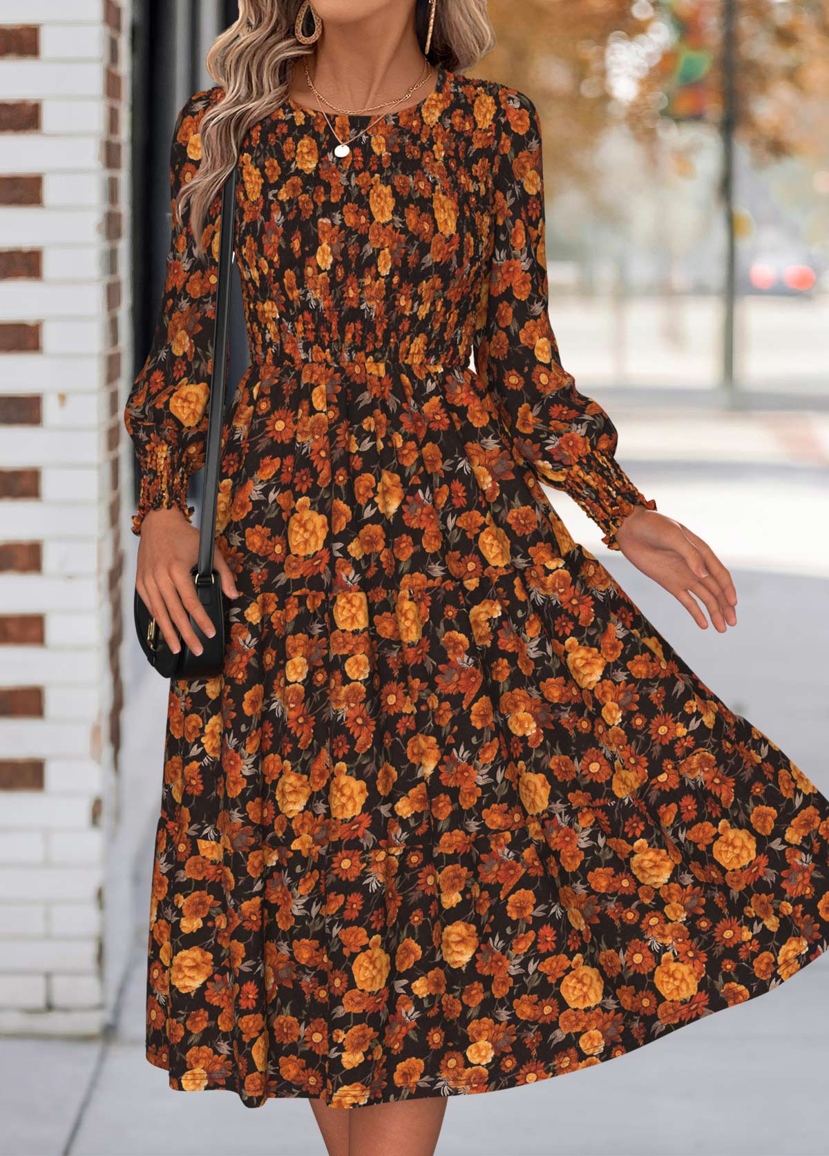 Orange Tummy Coverage Floral Print Long Sleeve Dress | picture 