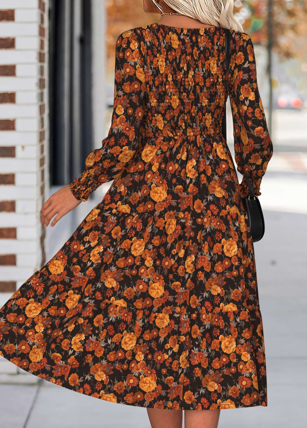 Orange Tummy Coverage Floral Print Long Sleeve Dress | picture 