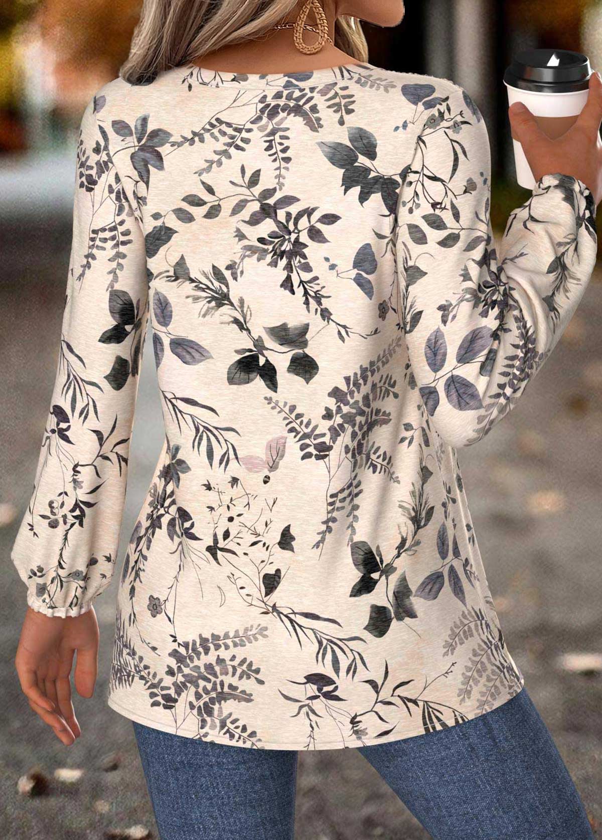 Beige Peplum Leaf Print Long Sleeve Split Neck Blouse | picture 