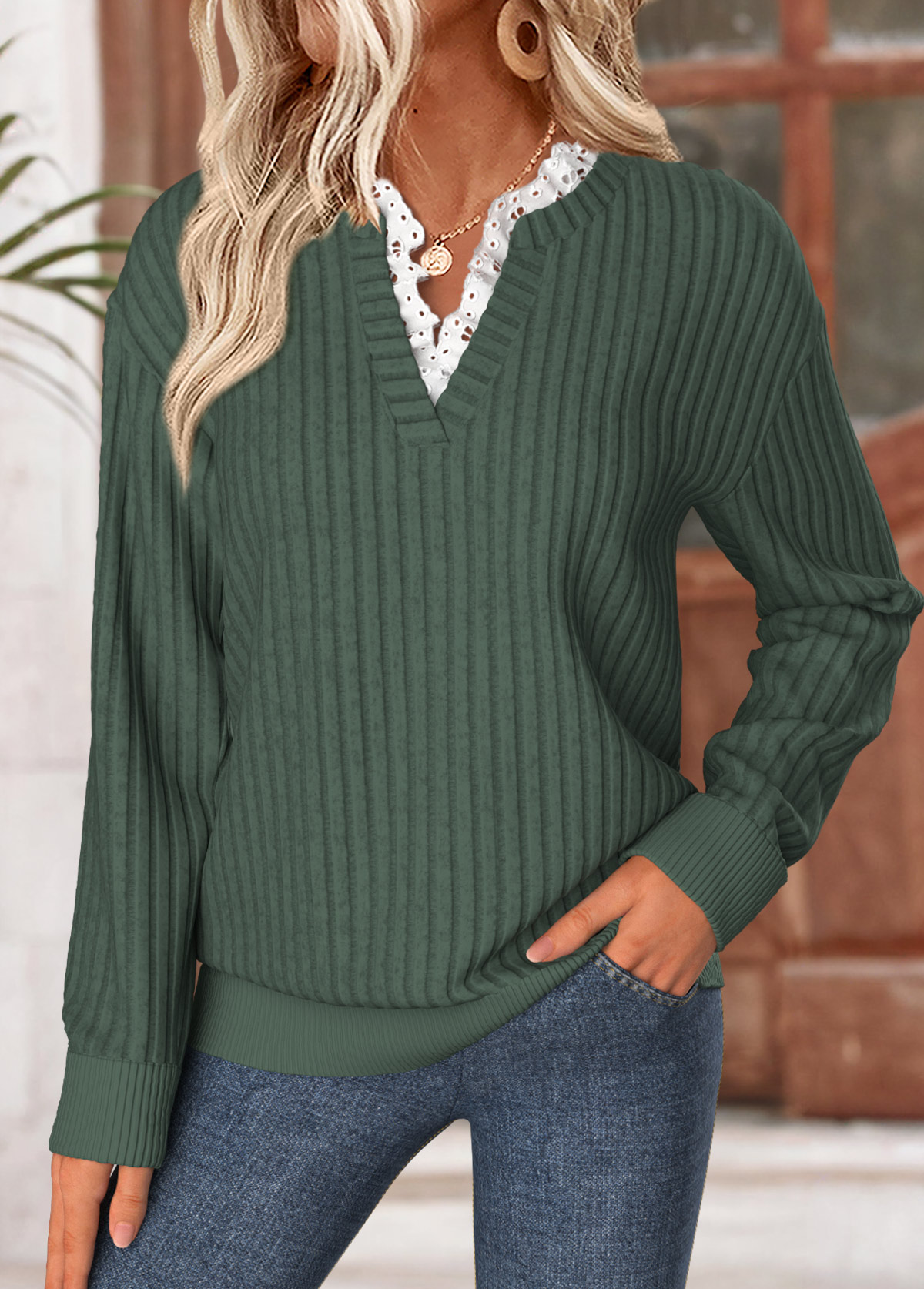 Green Frill Long Sleeve Split Neck Sweatshirt | picture 