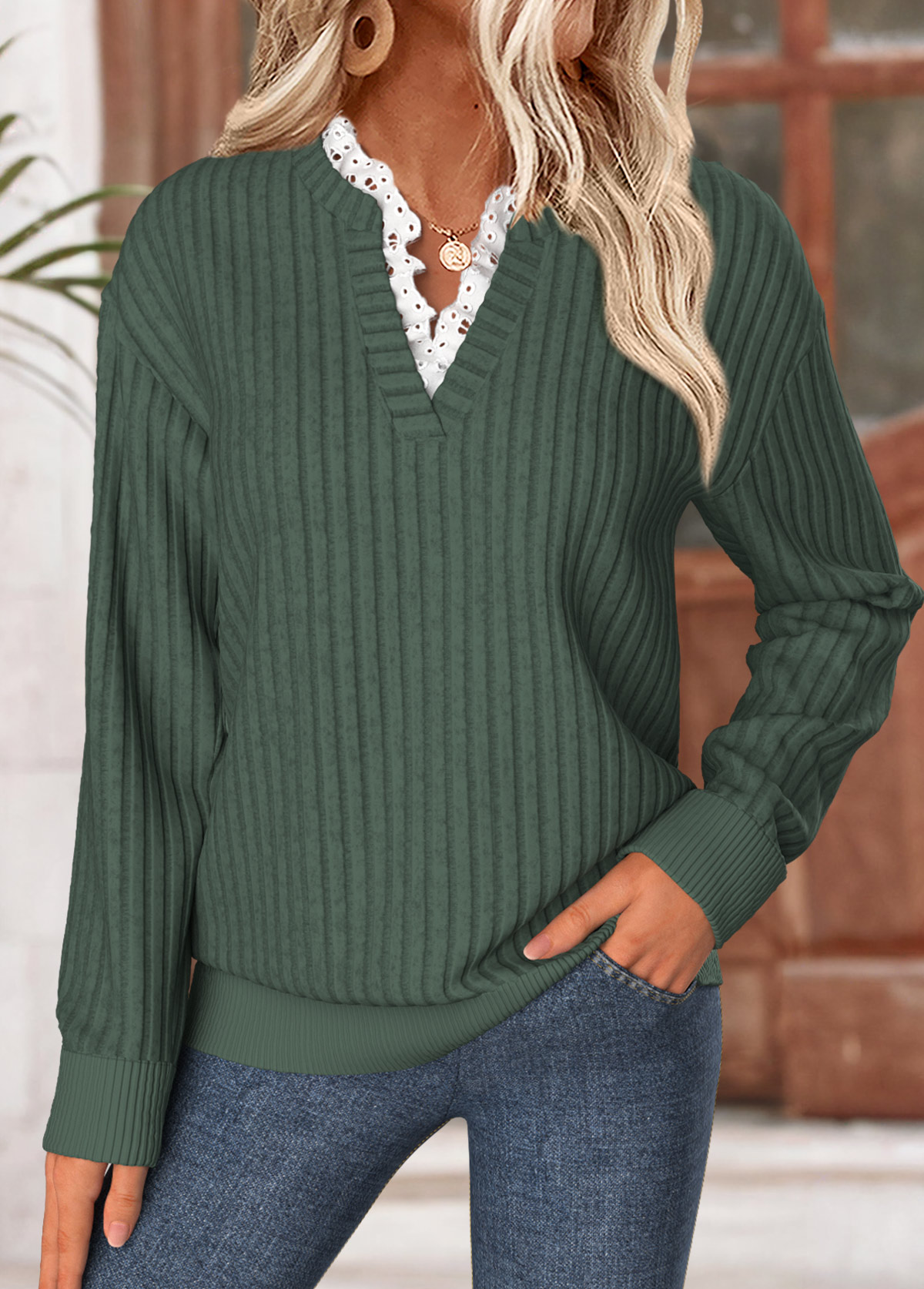 Green Frill Long Sleeve Split Neck Sweatshirt | picture 