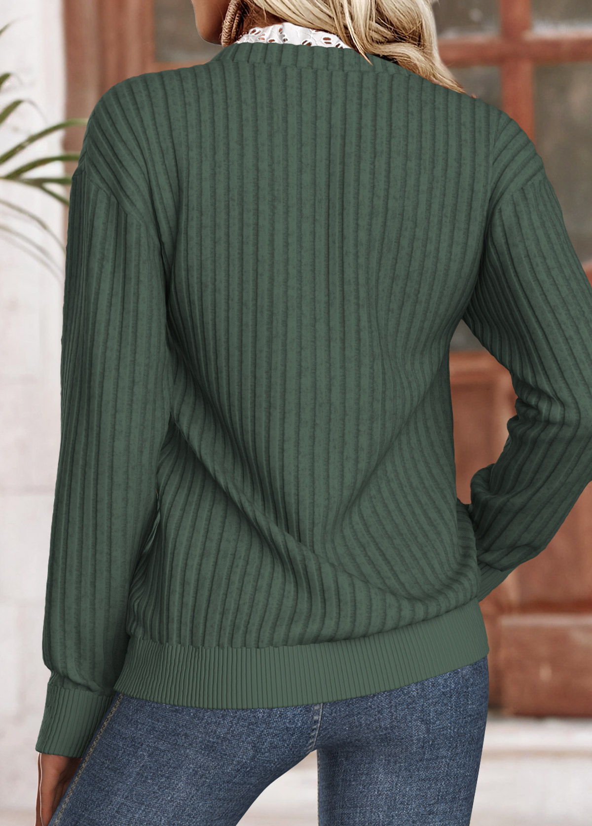 Green Frill Long Sleeve Split Neck Sweatshirt | picture 