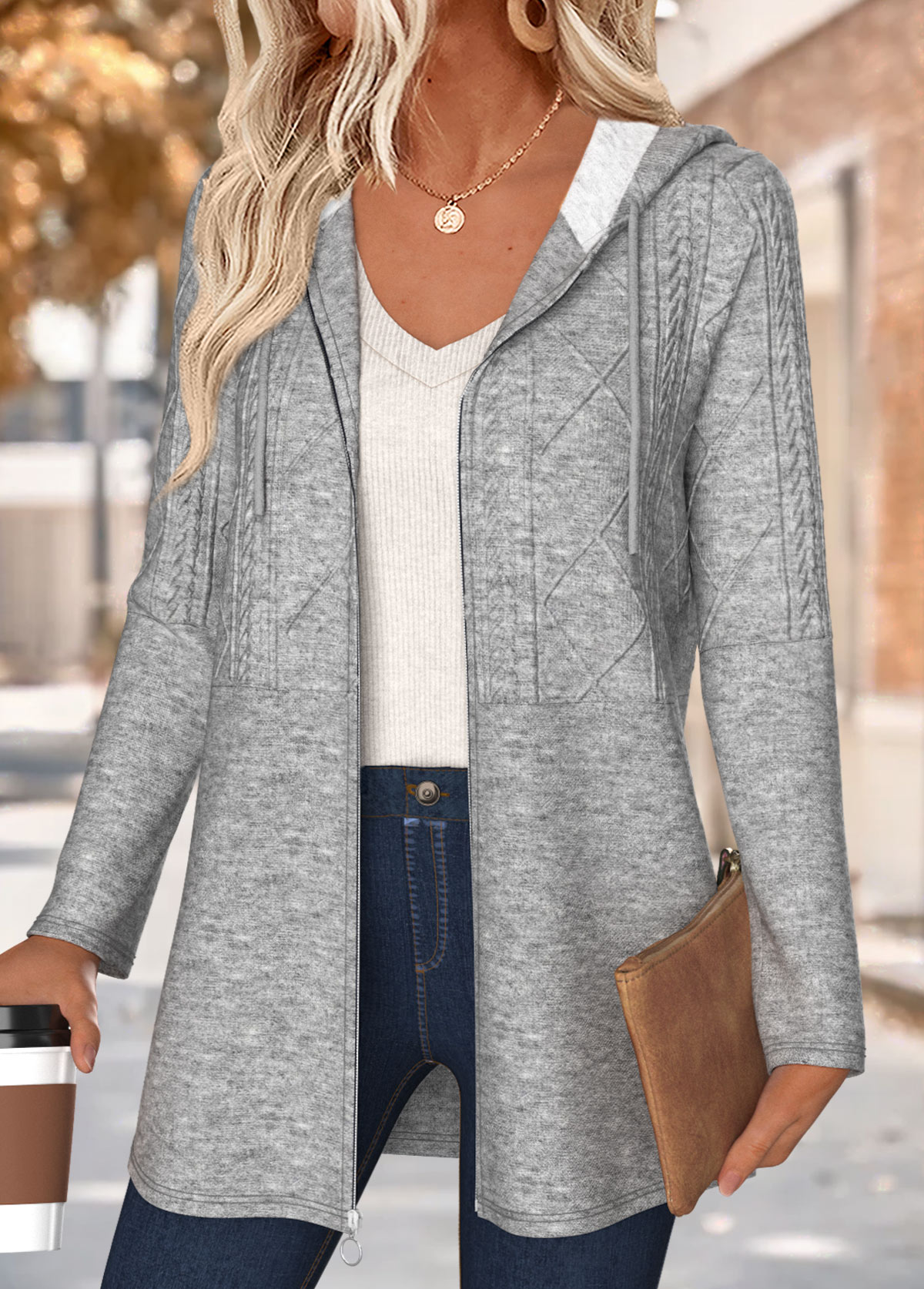 Dark Grey Marl Tummy Coverage Long Sleeve Hooded Coat | picture 