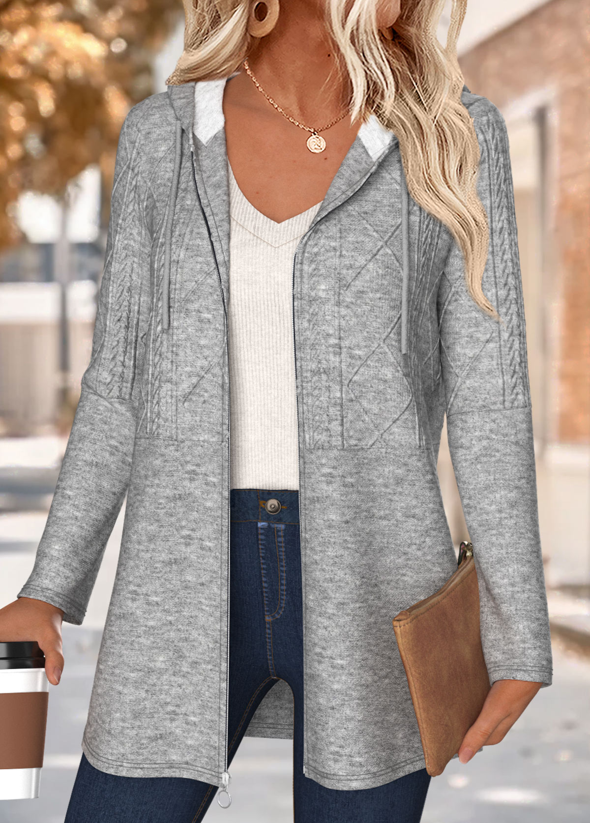 Dark Grey Marl Tummy Coverage Long Sleeve Hooded Coat | picture 