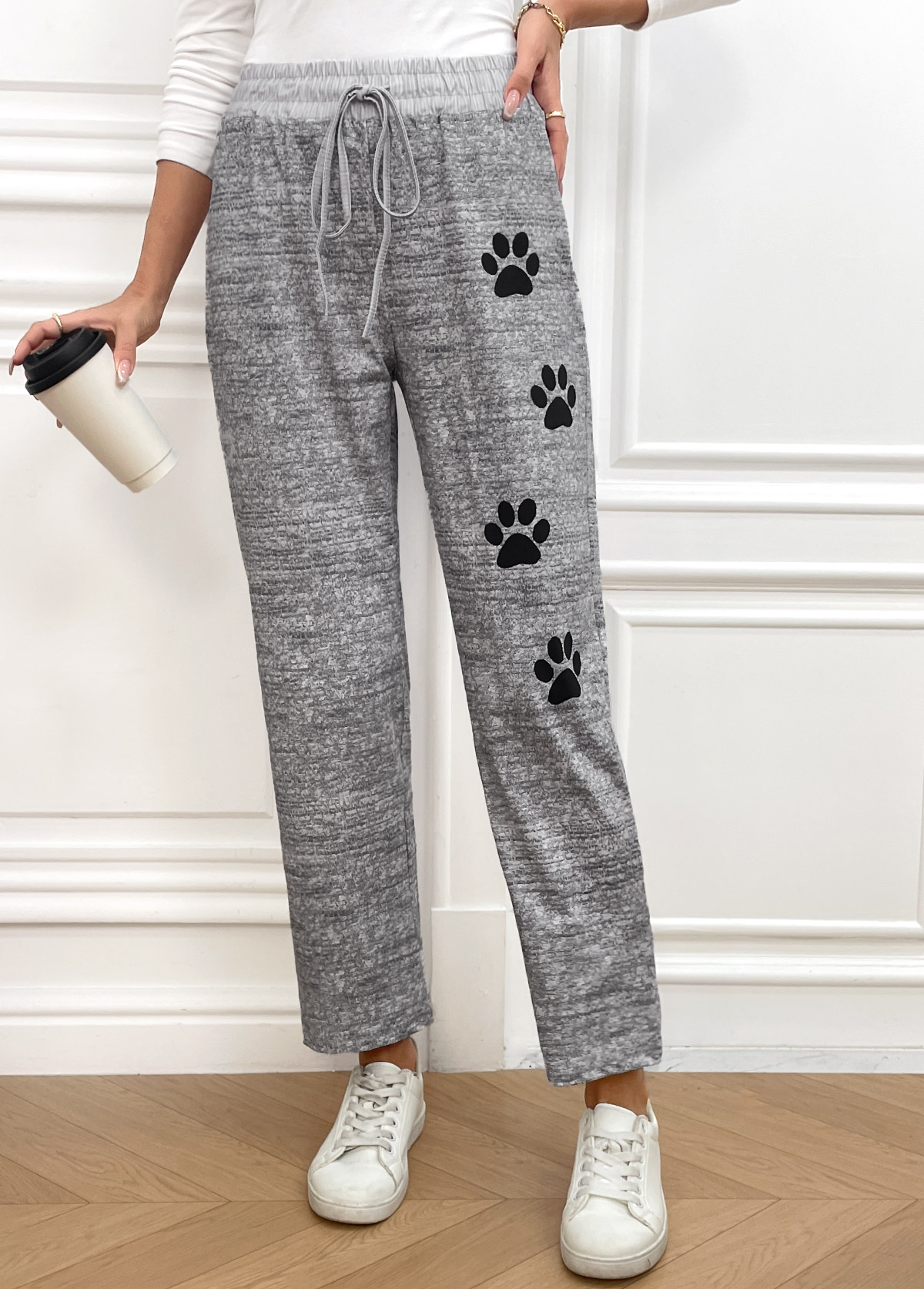 Grey Animal Print Straight Leg Elastic Waist Pants | picture 