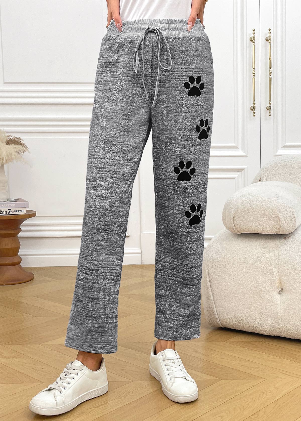 Grey Animal Print Straight Leg Elastic Waist Pants | picture 