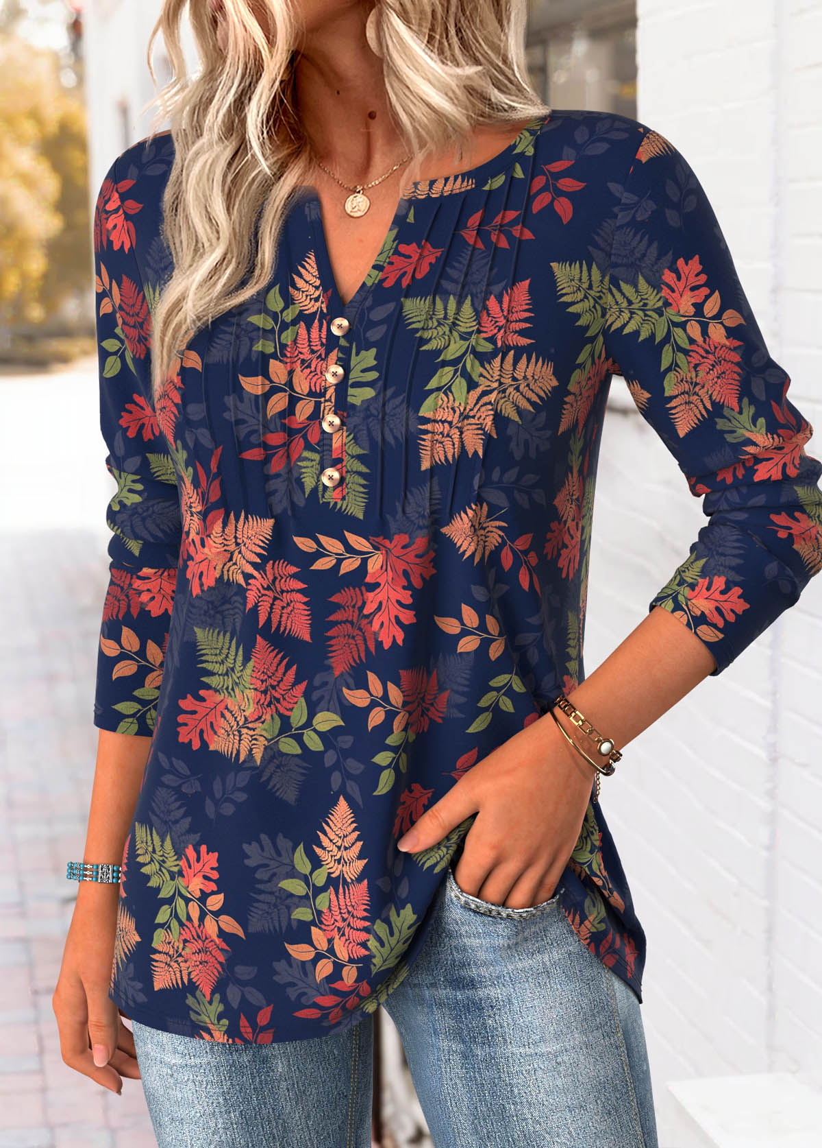 Plus Size Navy Tummy Coverage Leaf Print T Shirt | picture 