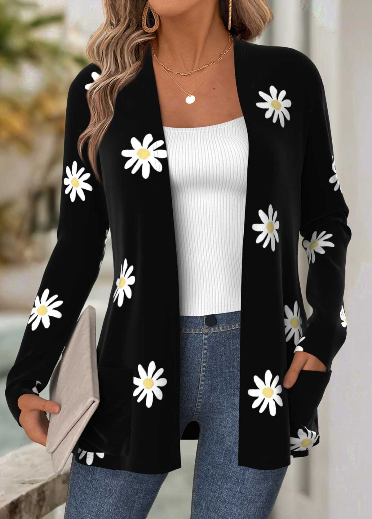 Black Tummy Coverage Floral Print Long Sleeve Coat | picture 