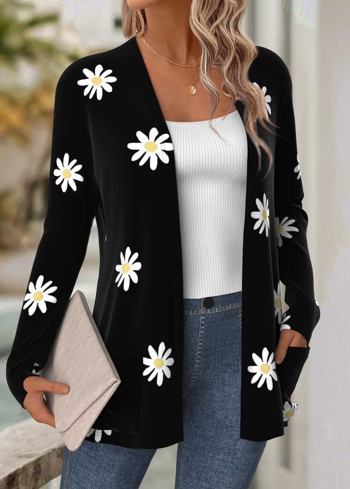 Black Tummy Coverage Floral Print Long Sleeve Coat | picture 