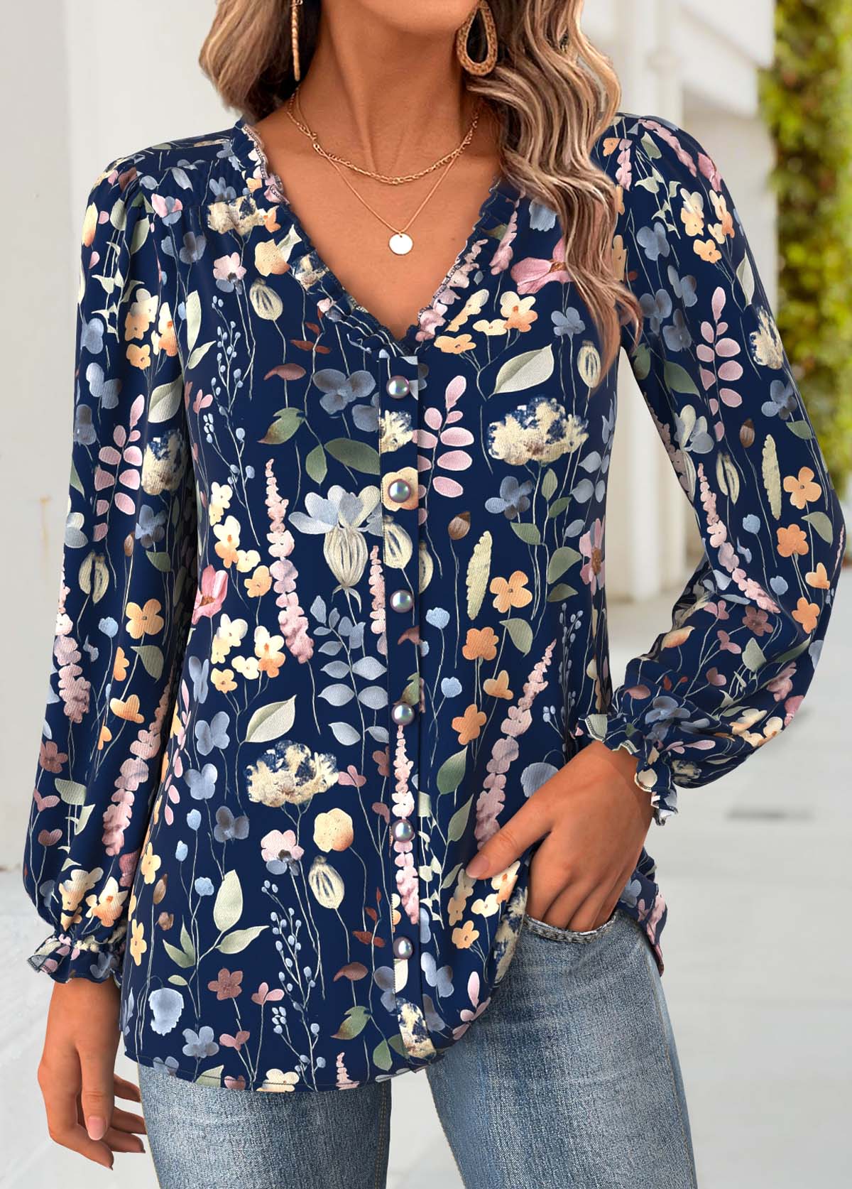 Navy Tummy Coverage Floral Print Long Sleeve Blouse | picture 