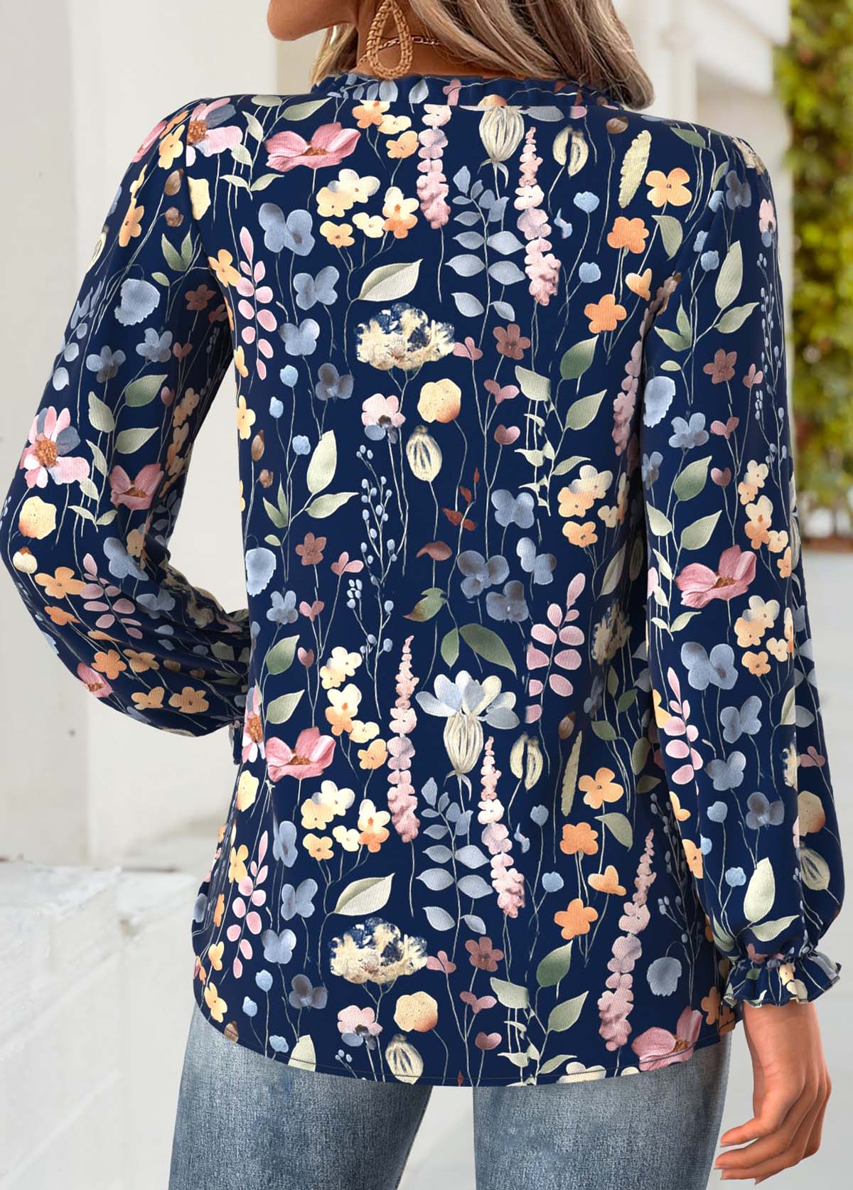 Navy Tummy Coverage Floral Print Long Sleeve Blouse | picture 