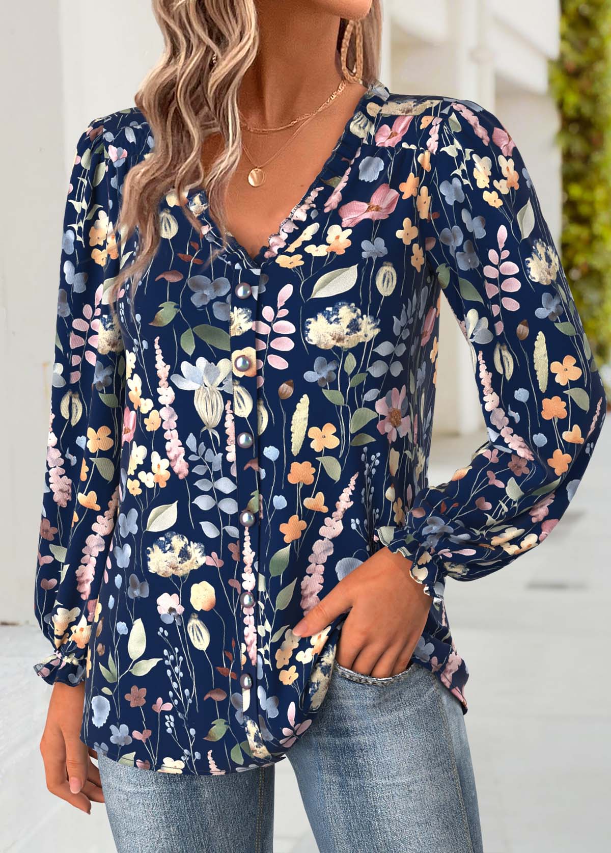 Navy Tummy Coverage Floral Print Long Sleeve Blouse | picture 