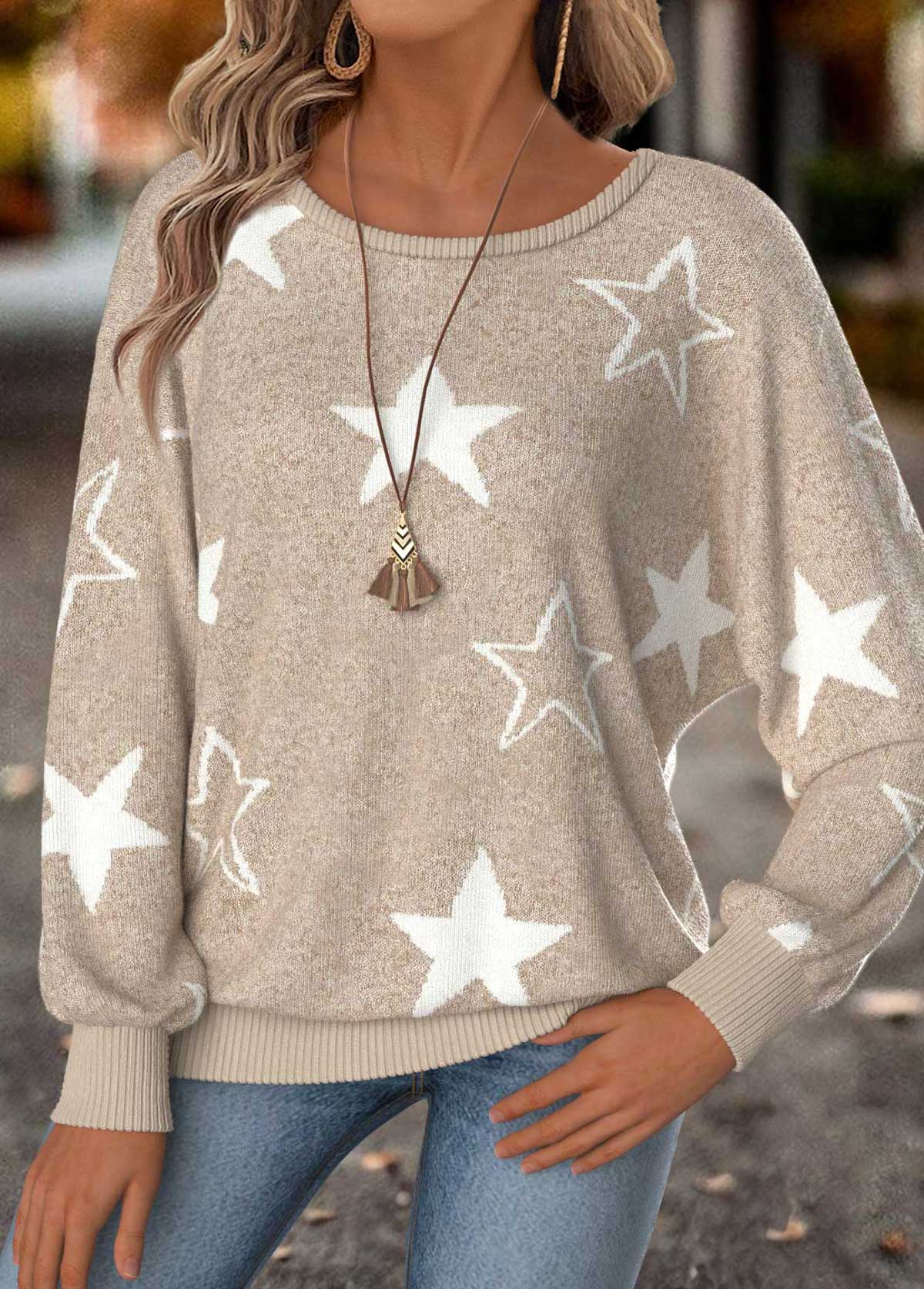 Light Camel Tummy Coverage Star Print T Shirt | picture 
