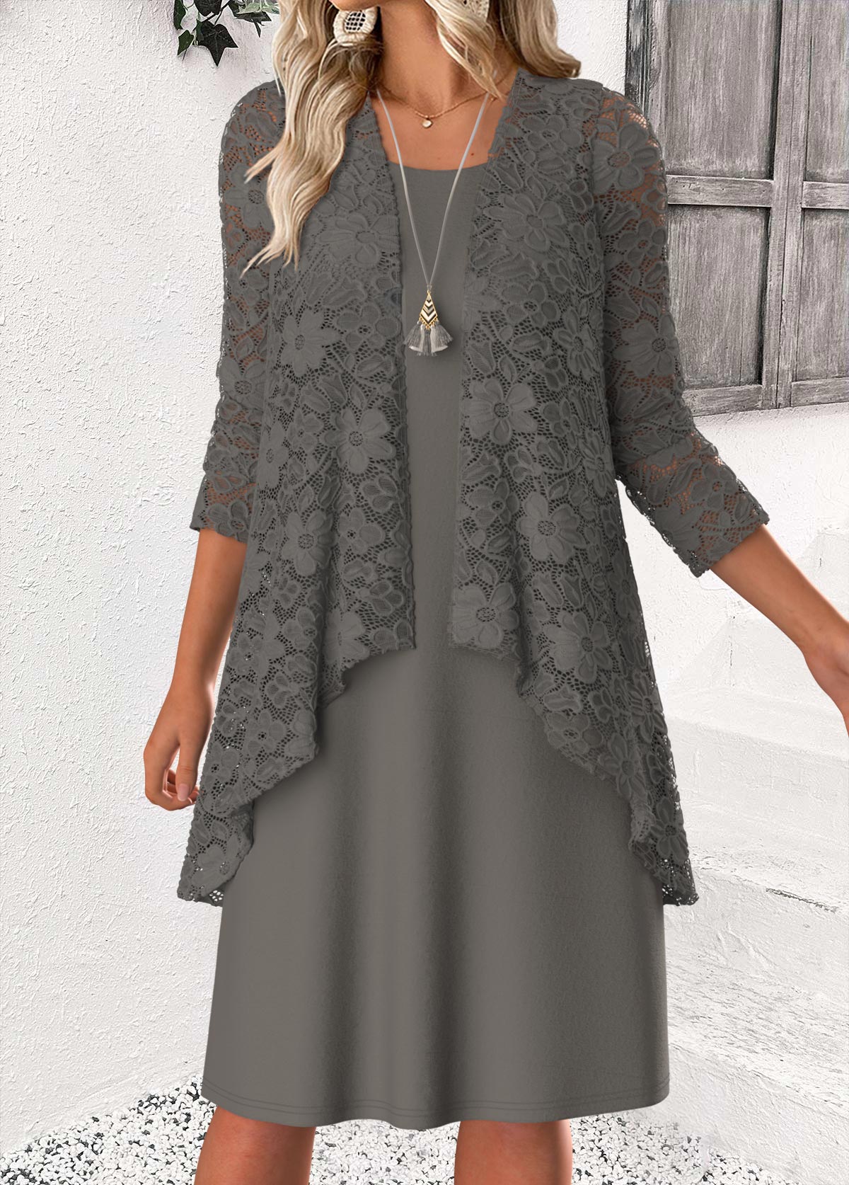 Grey Tummy Coverage Long Sleeve Dress and Cardigan | picture 