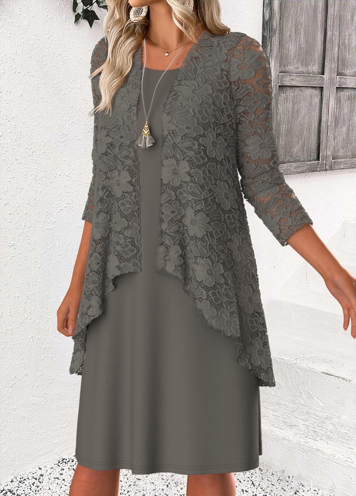 Grey Tummy Coverage Long Sleeve Dress and Cardigan | picture 