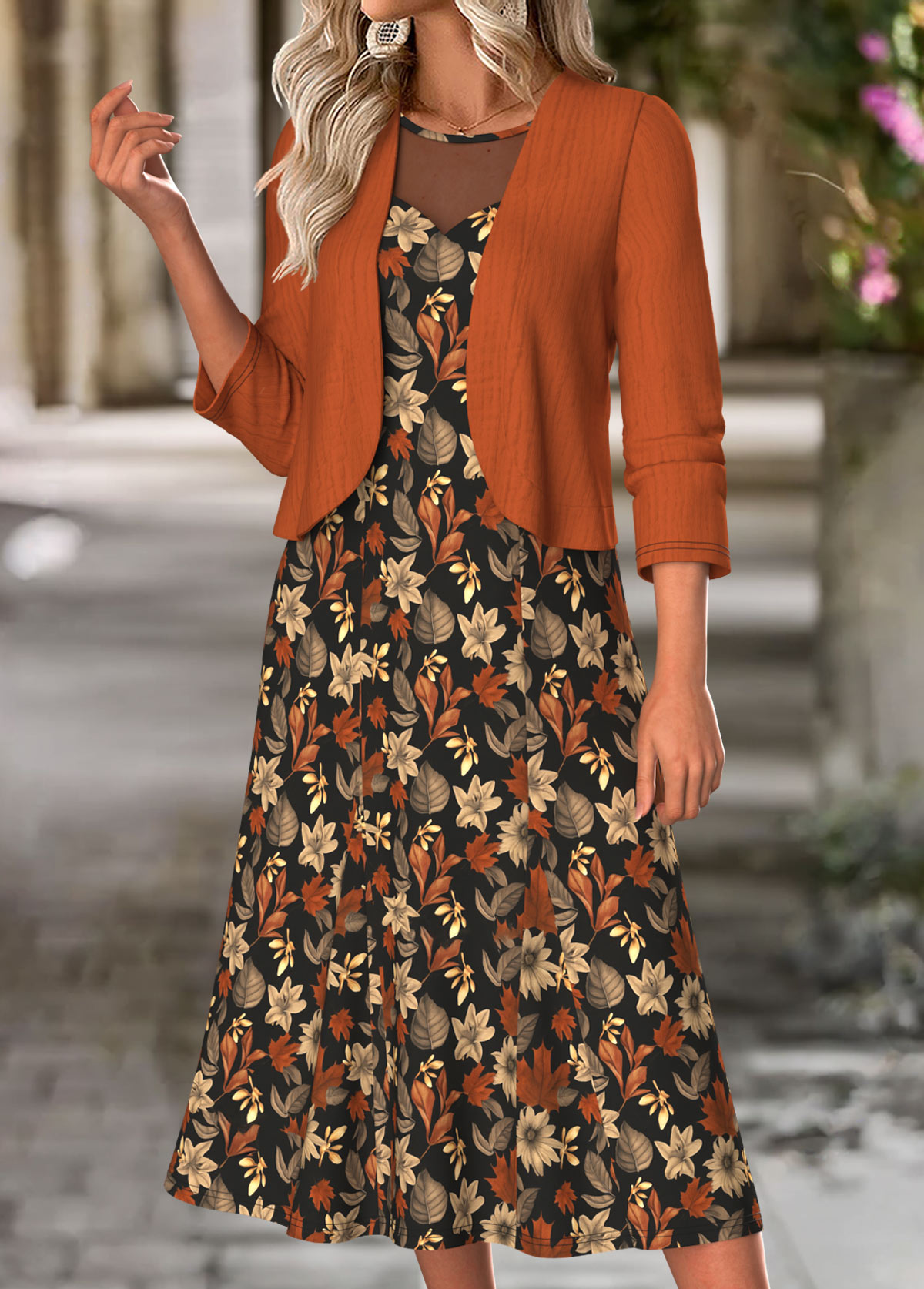 Terracotta Tummy Coverage Floral Print Dress and Cardigan | picture 