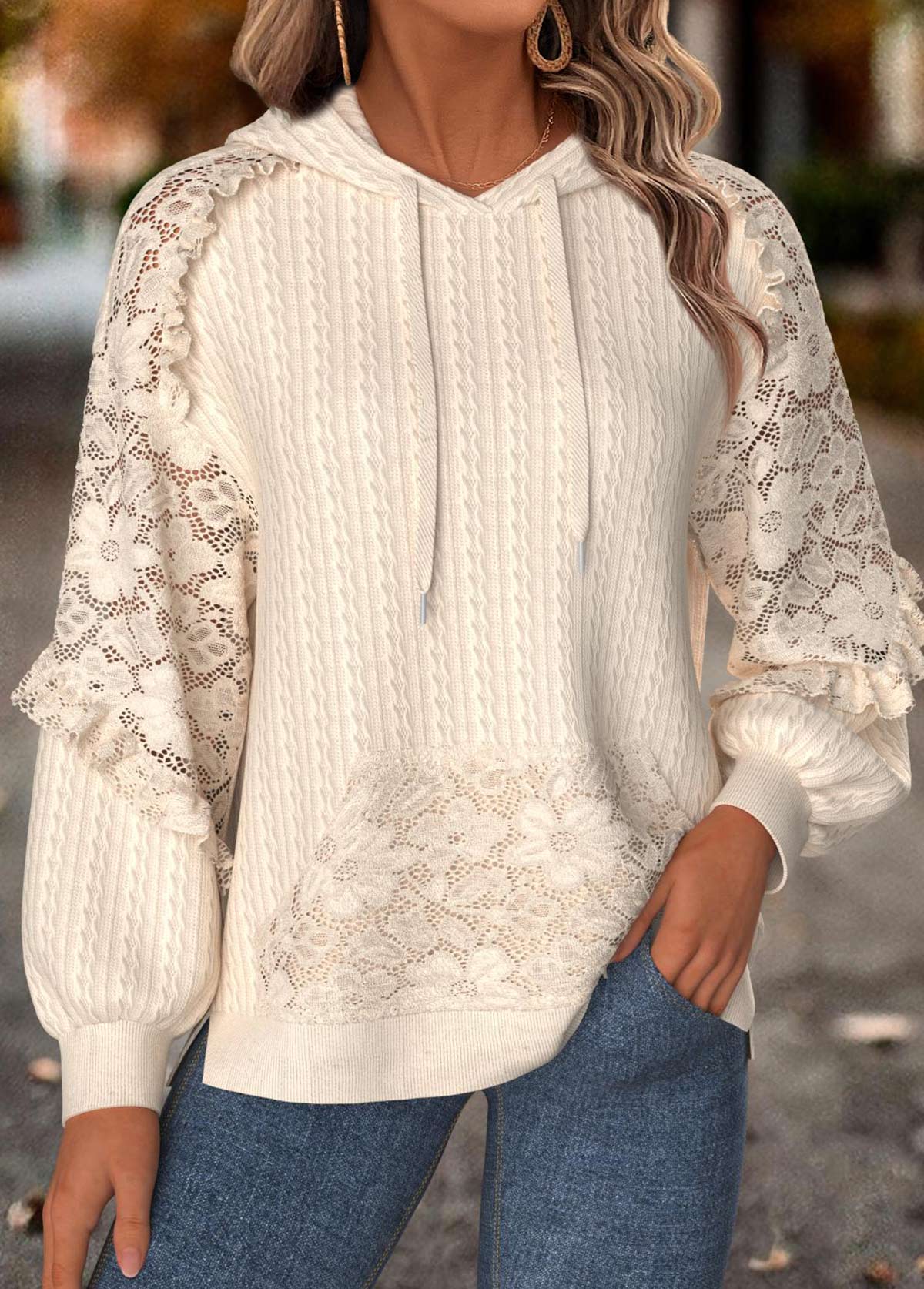 Beige Tummy Coverage Long Sleeve Hoodie | picture 