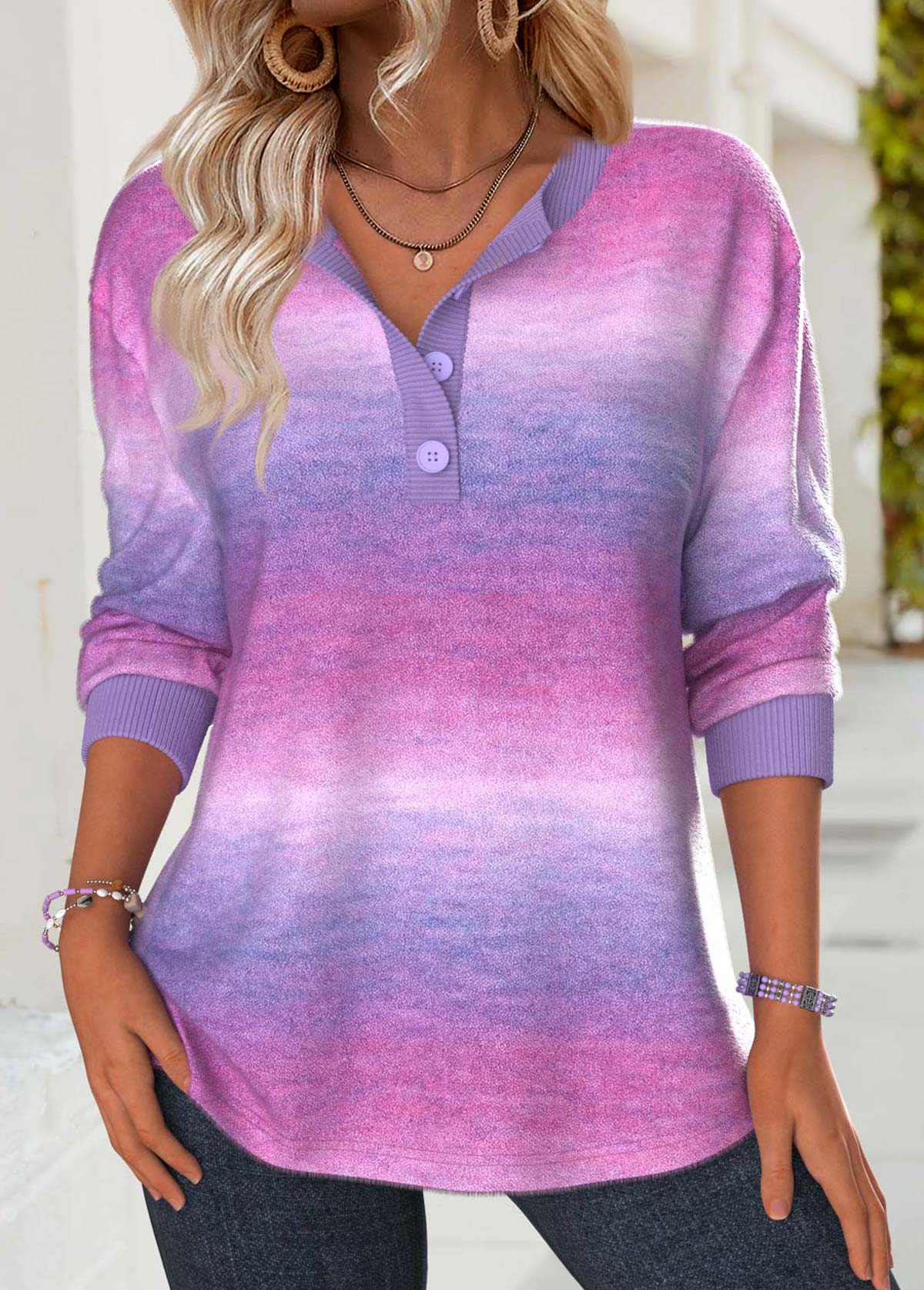 Multi Color Tummy Coverage Ombre Long Sleeve Sweatshirt | picture 