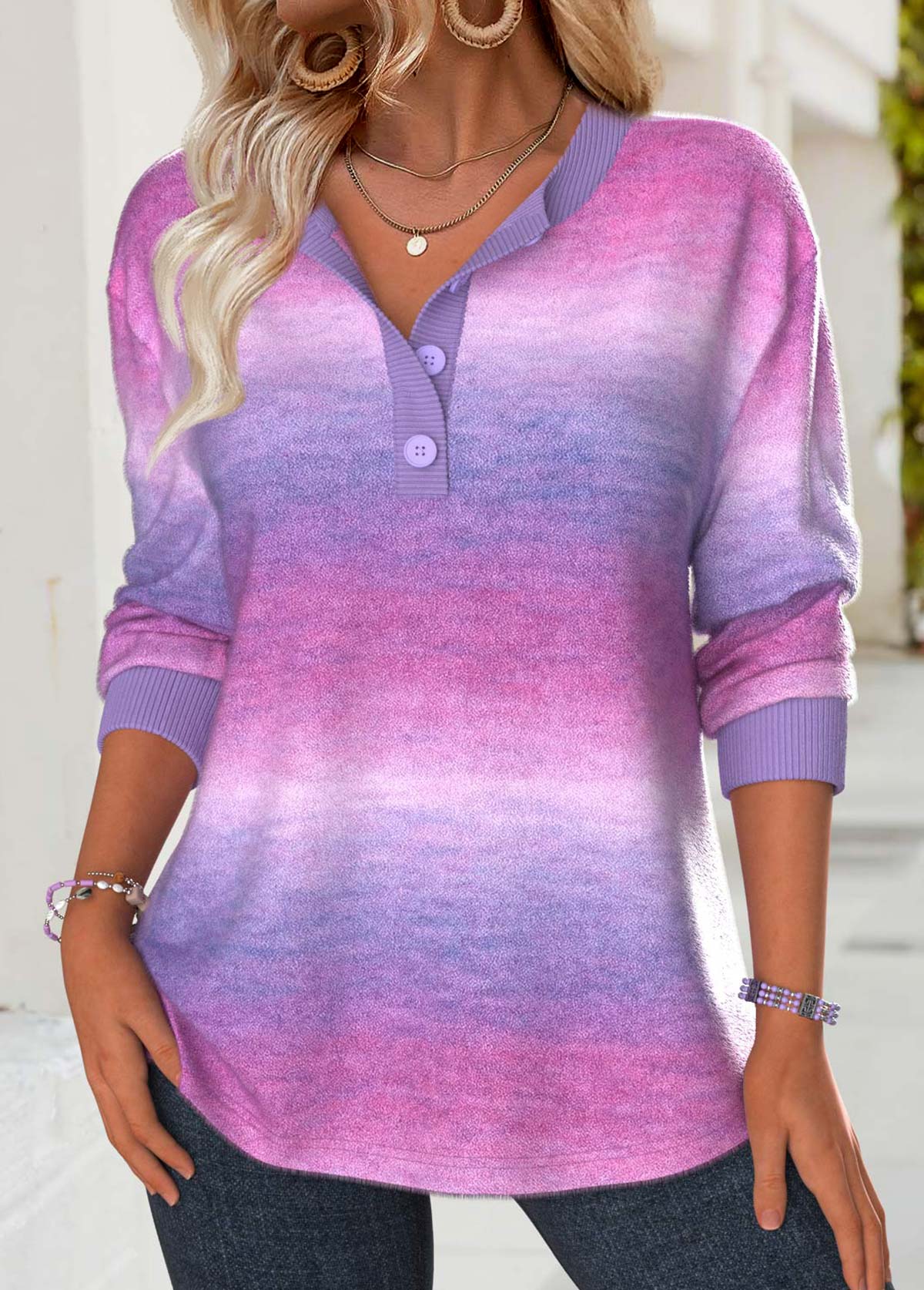 Multi Color Tummy Coverage Ombre Long Sleeve Sweatshirt | picture 