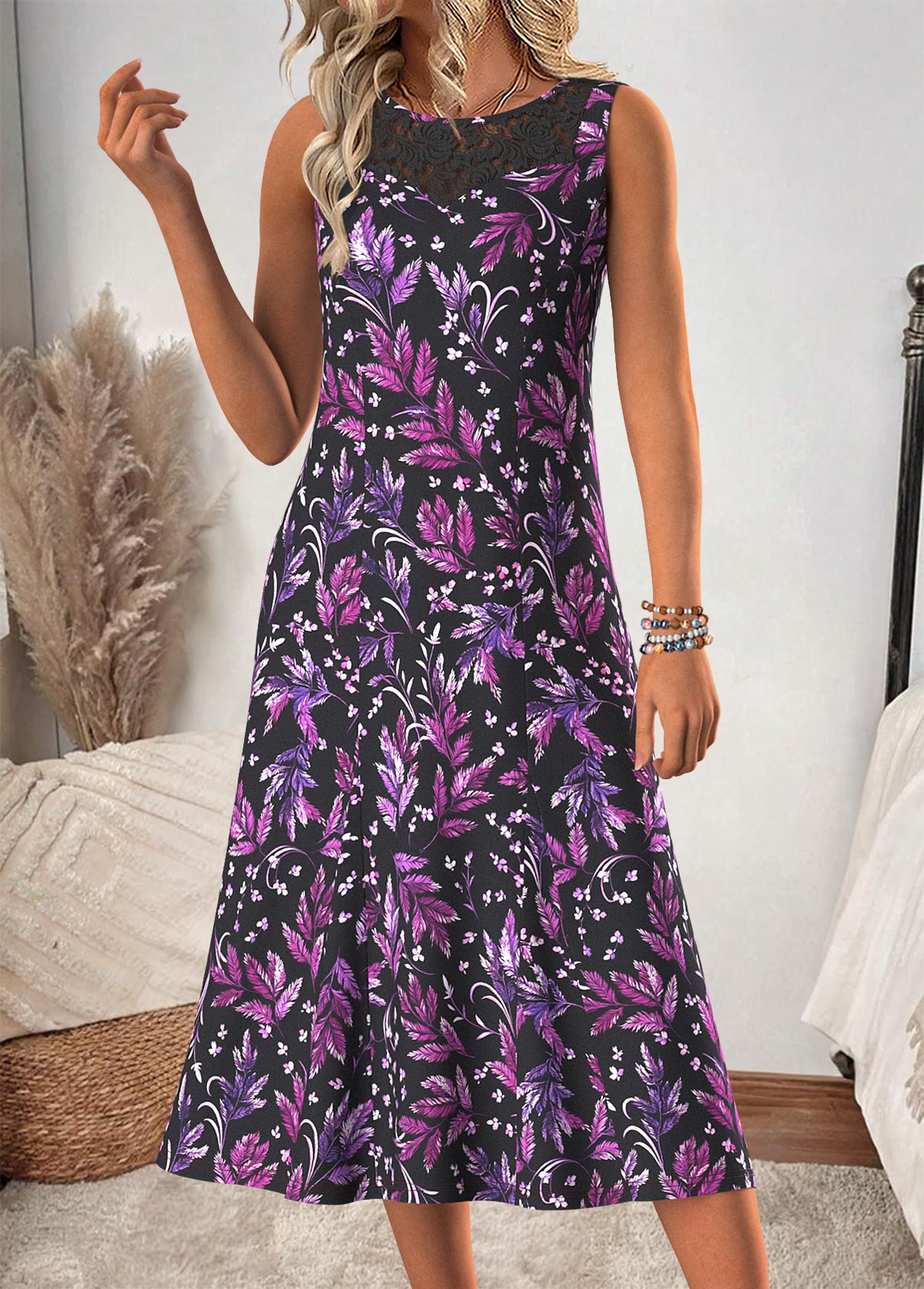 Purple Tummy Coverage Floral Print Dress and Cardigan | picture 