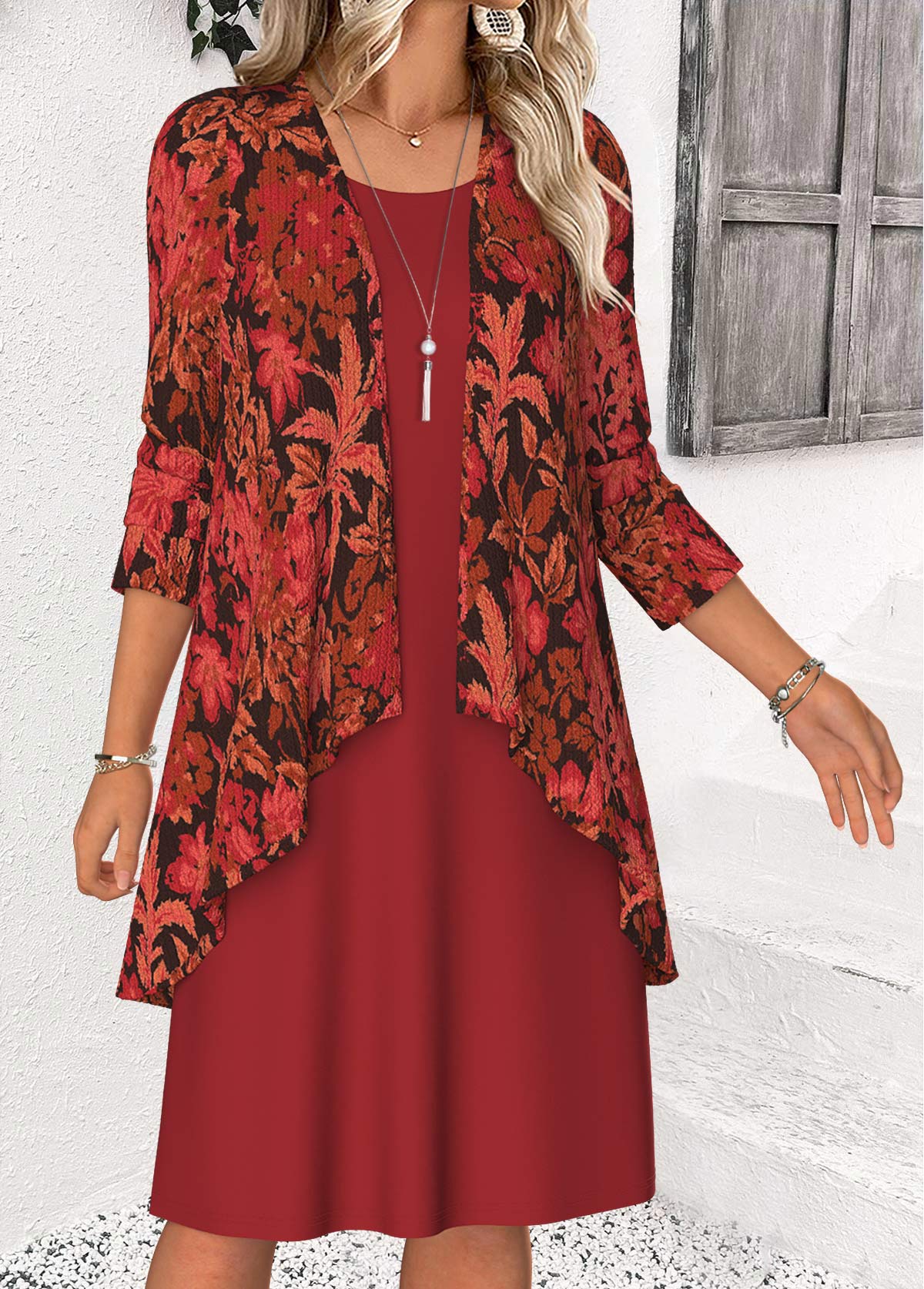 Red Tummy Coverage Leaf Print Dress and Cardigan | picture 