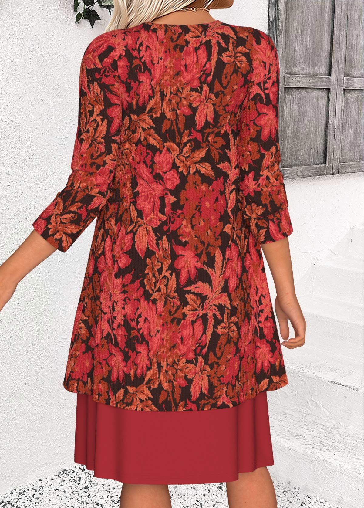 Red Tummy Coverage Leaf Print Dress and Cardigan | picture 