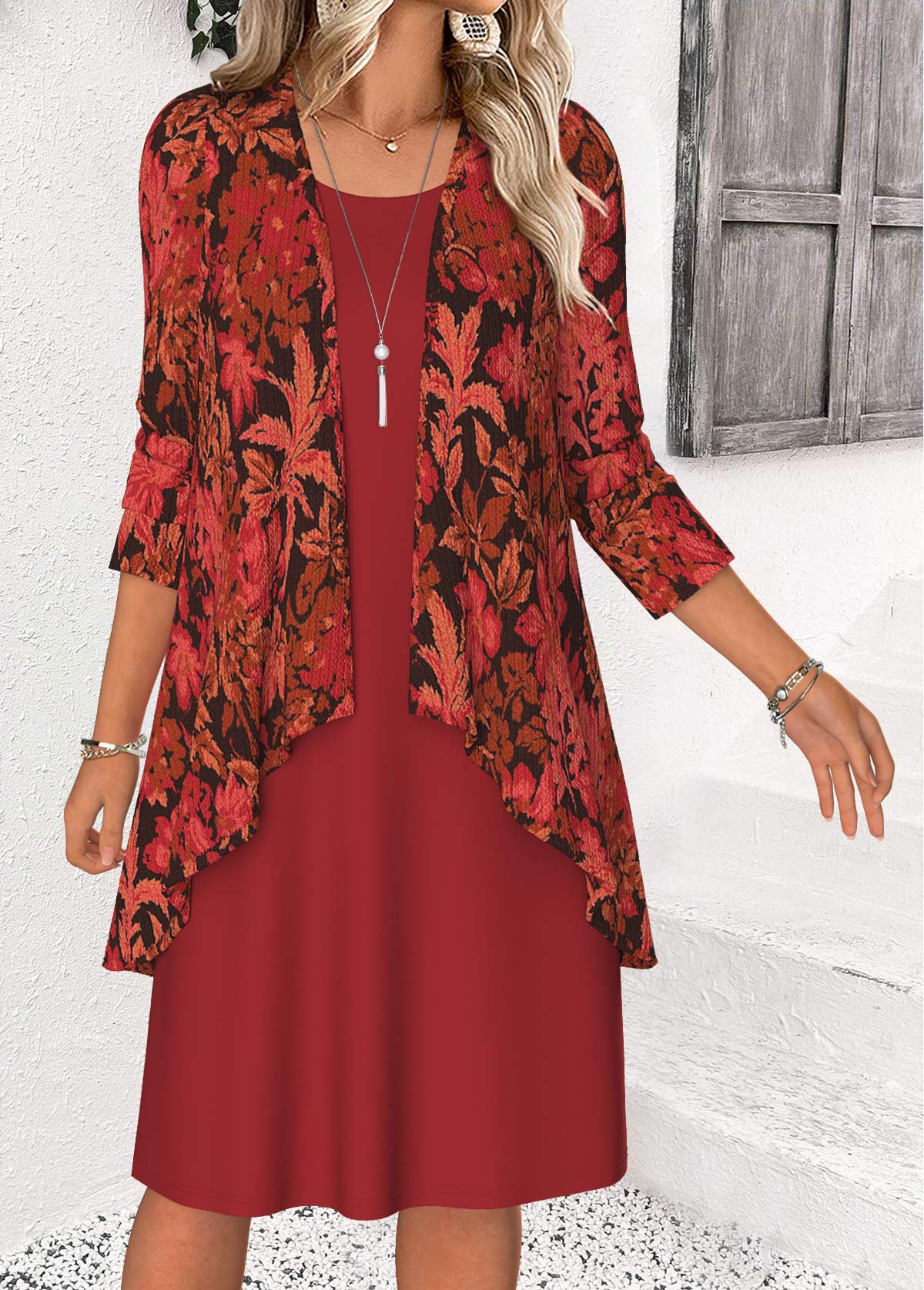 Red Tummy Coverage Leaf Print Dress and Cardigan | picture 