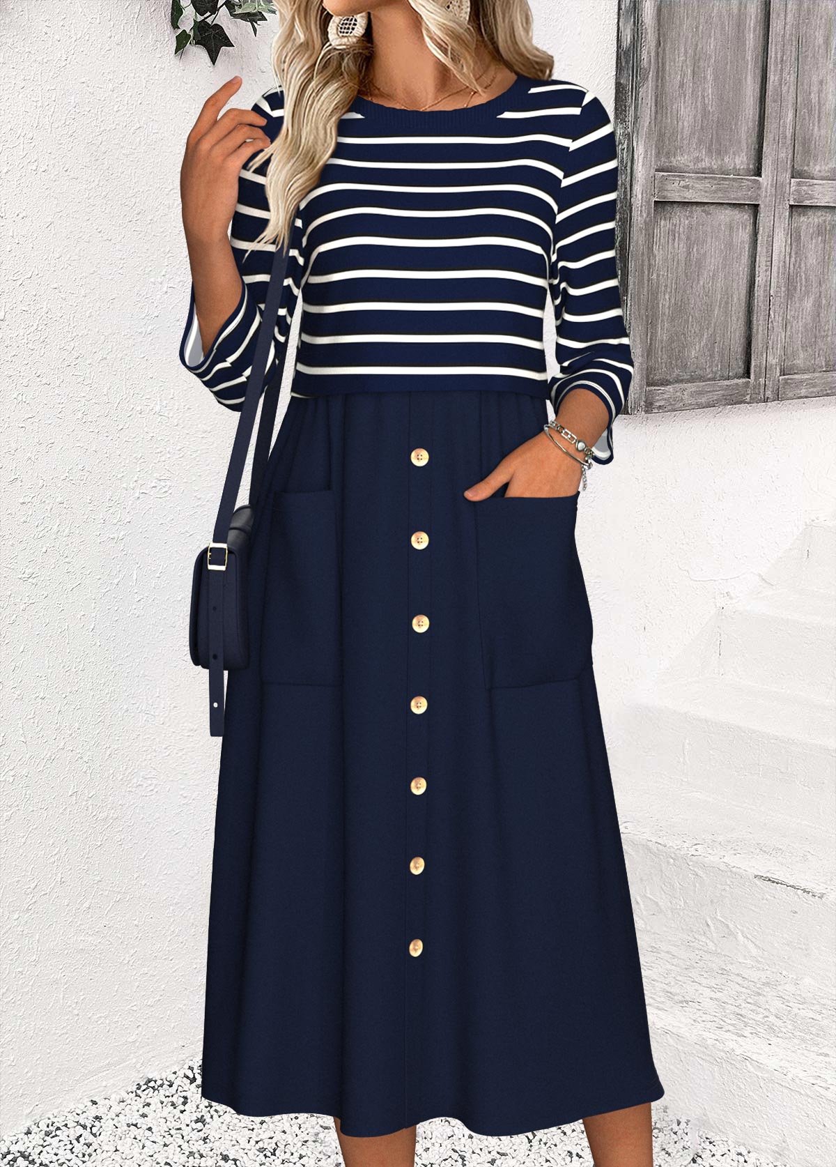 Navy Tummy Coverage Striped 3/4 Sleeve Round Neck Dress | picture 