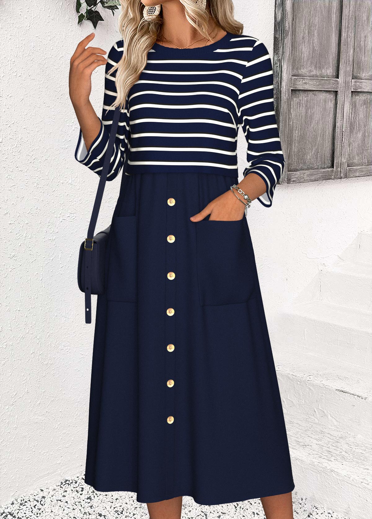 Navy Tummy Coverage Striped 3/4 Sleeve Round Neck Dress | picture 