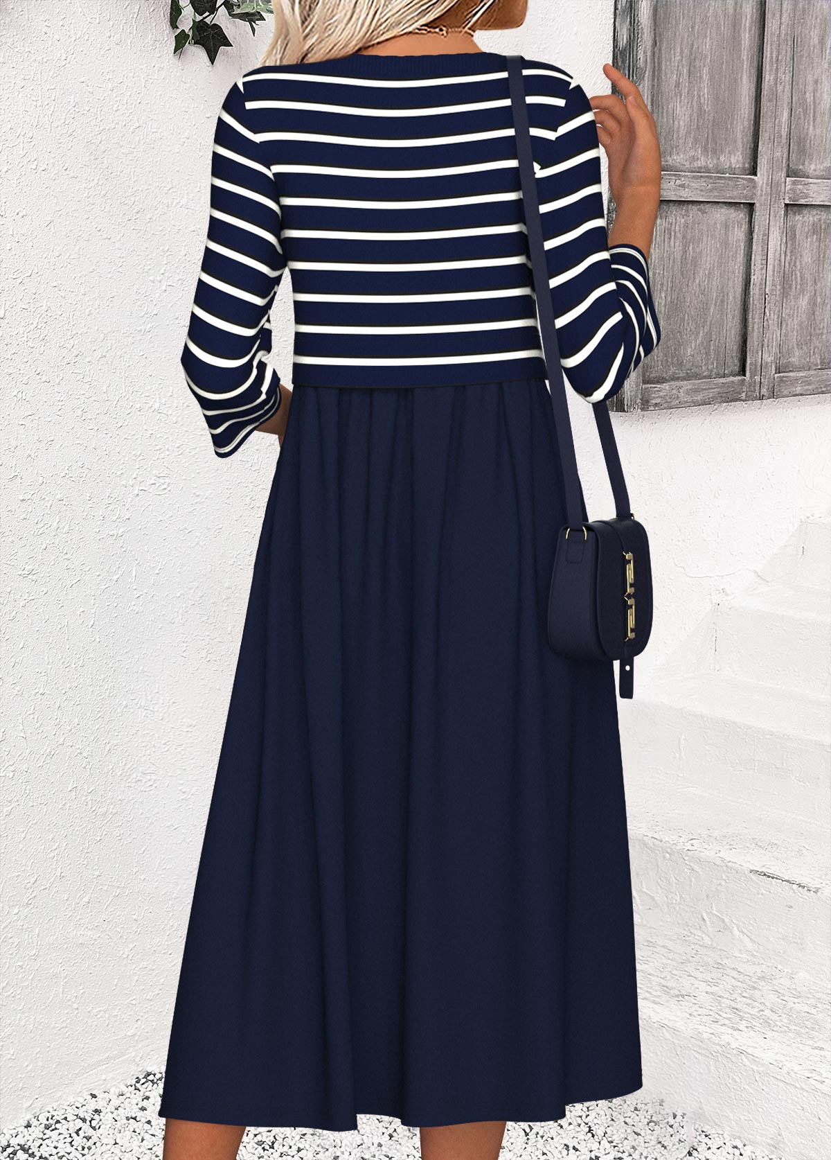 Navy Tummy Coverage Striped 3/4 Sleeve Round Neck Dress | picture 