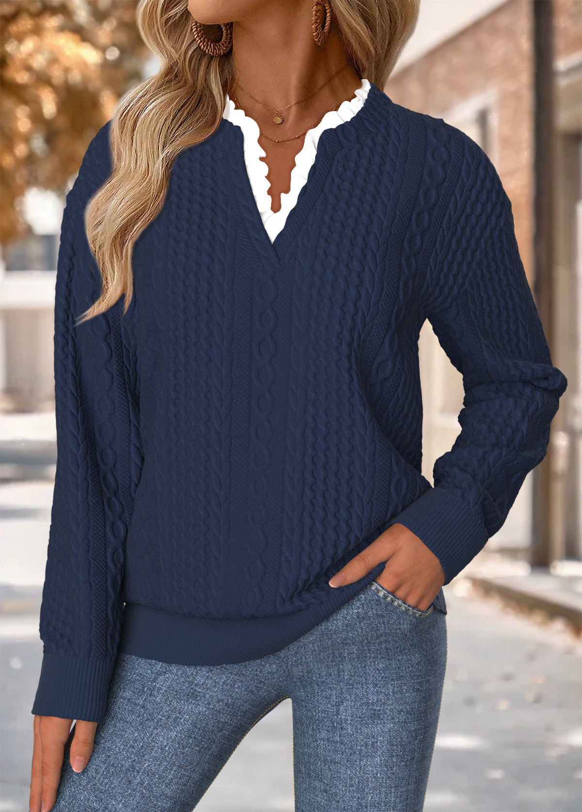 Navy Tummy Coverage Long Sleeve Split Neck Sweatshirt | picture 