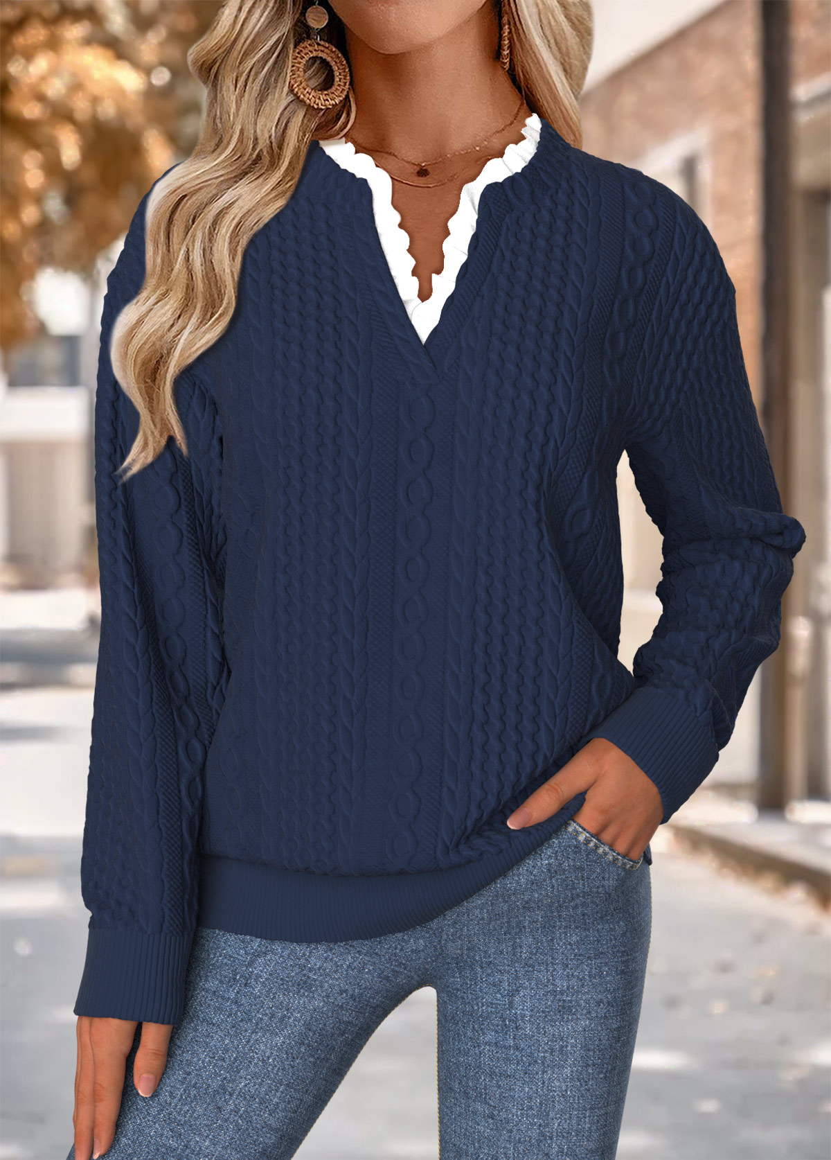 Navy Tummy Coverage Long Sleeve Split Neck Sweatshirt | picture 