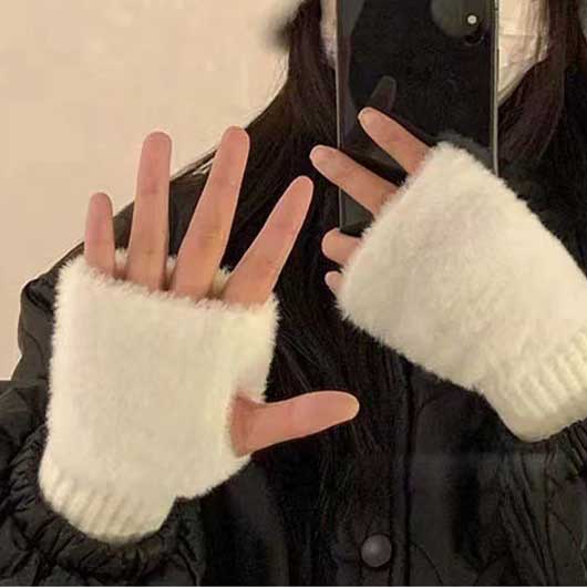 White Acrylic Wrist Warming Fingerless Gloves | picture 