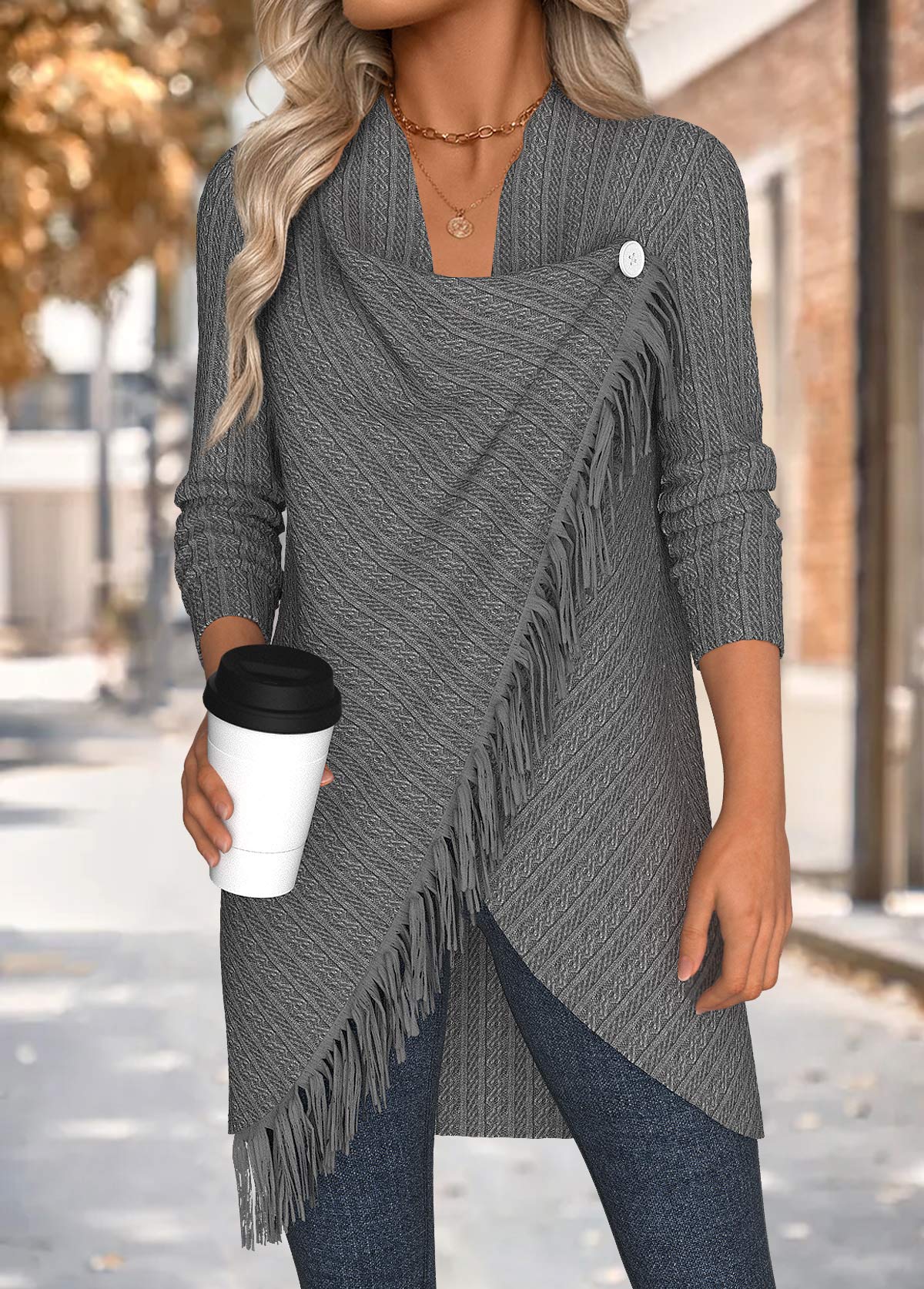Grey Tummy Coverage Long Sleeve Draped Neck Coat | picture 