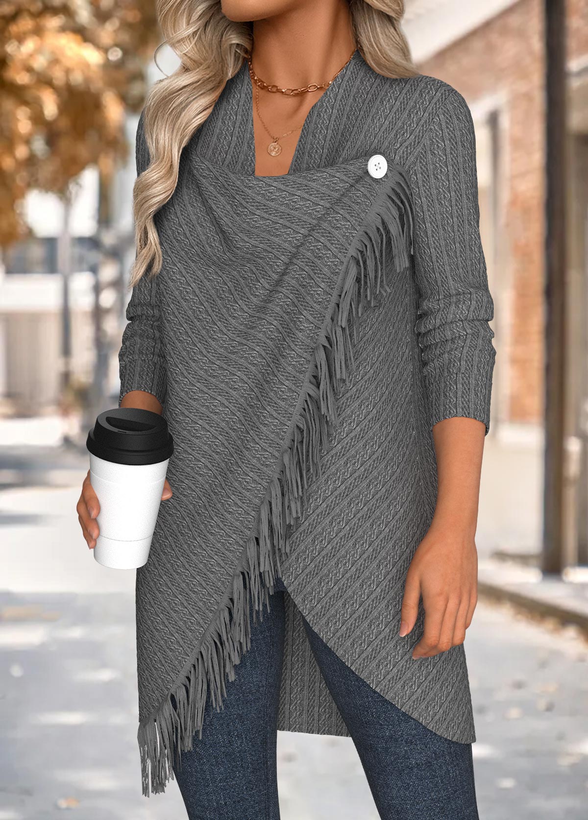 Grey Tummy Coverage Long Sleeve Draped Neck Coat | picture 