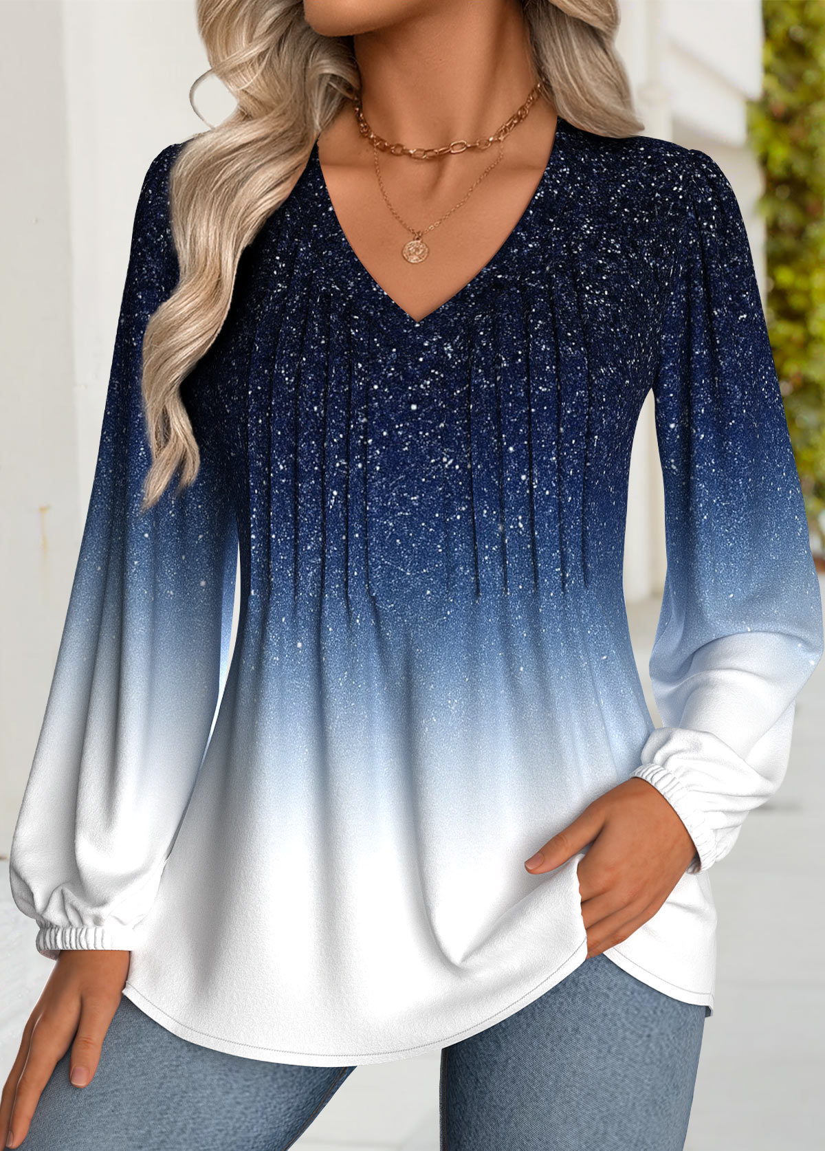 Dark Blue Tummy Coverage Ombre Long Sleeve T Shirt | picture 