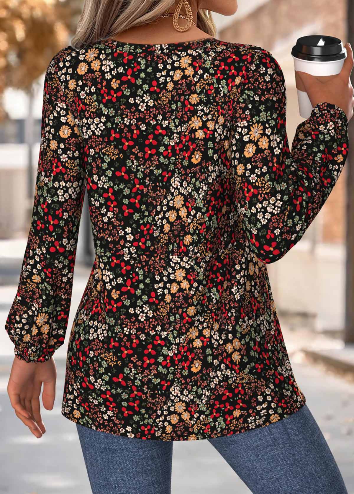 Multi Color Peplum Floral Print Long Sleeve Blouse | picture 