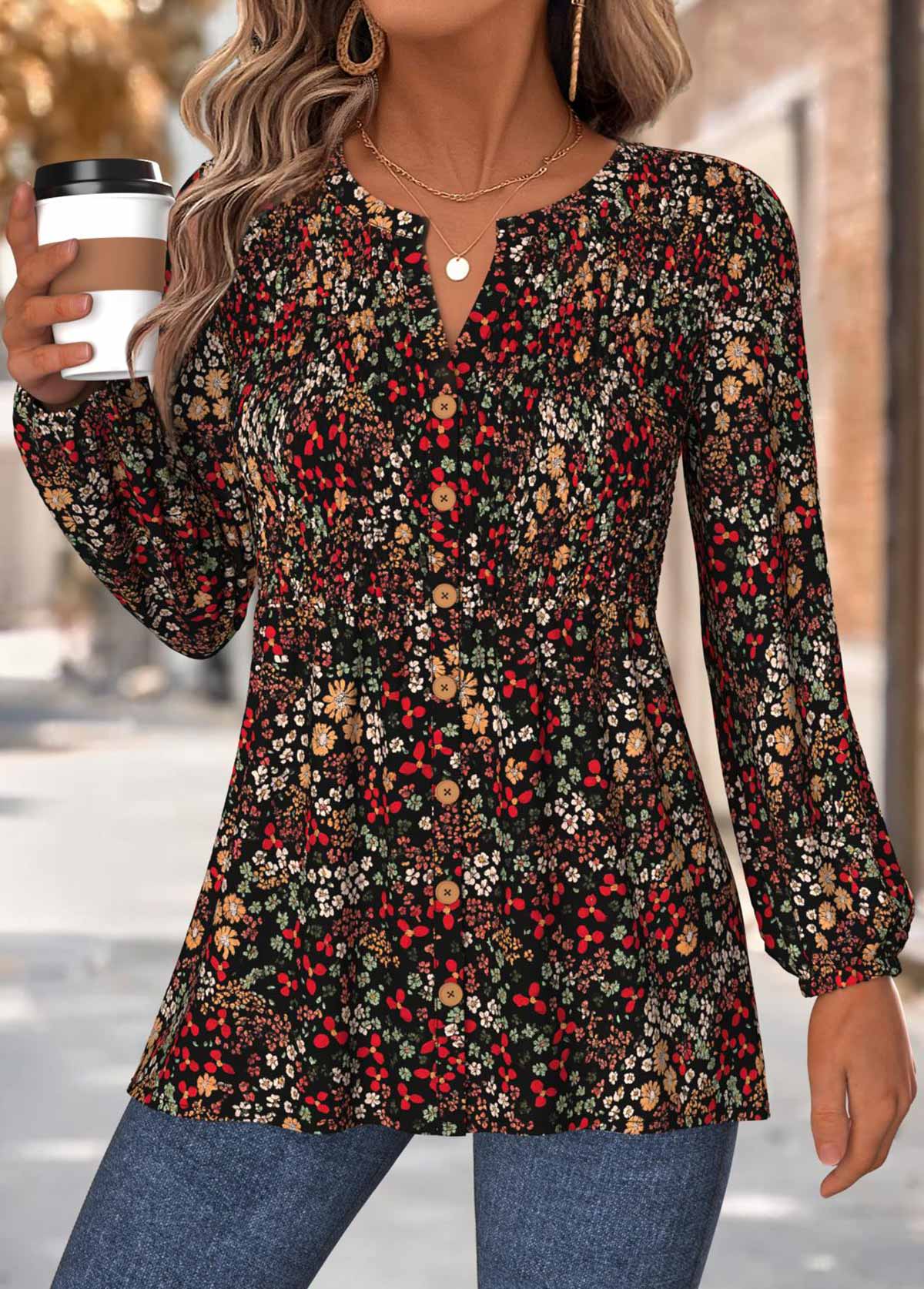 Multi Color Peplum Floral Print Long Sleeve Blouse | picture 